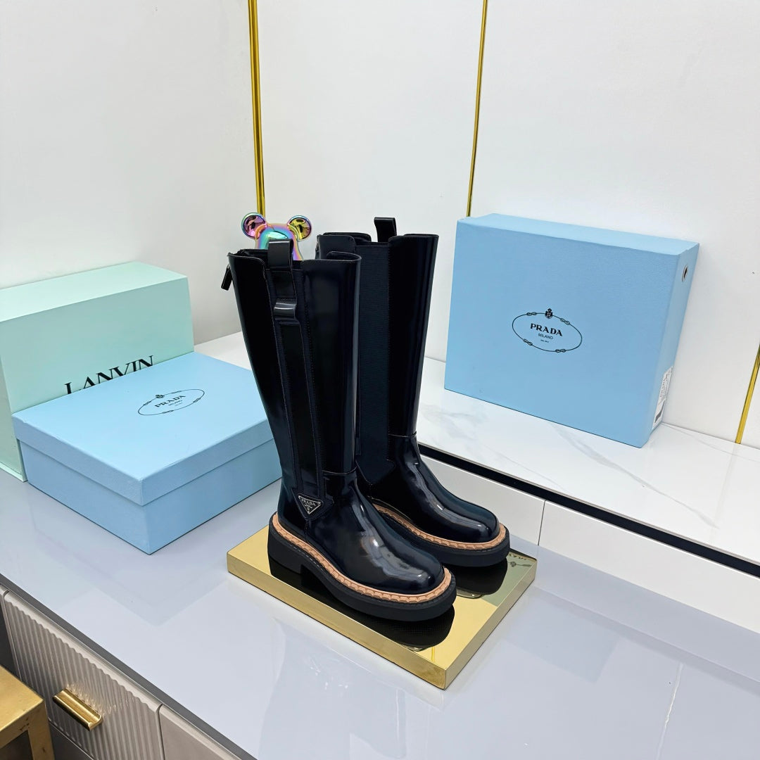 PRADA 25S TALL CHELSEA BOOTS 50MM IN BLACK GLOSSY CALFSKIN