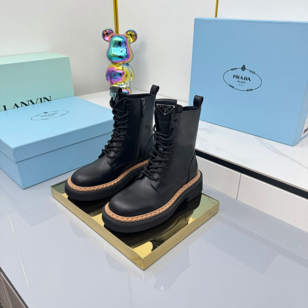 PRADA 25S LONG THICK SOLED MARTIN BOOTS 50MM IN BLACK CALFSKIN