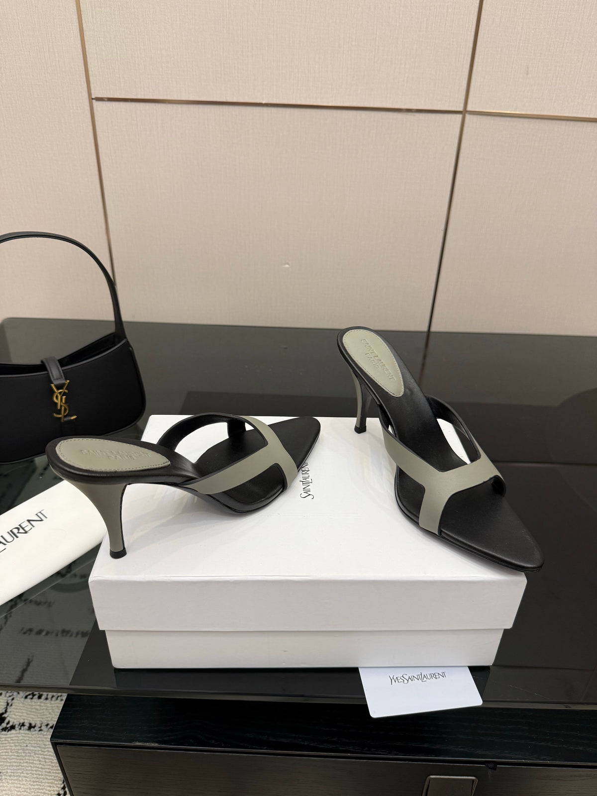 YSL 26S POINTED-TOE SANDALS 90 MM IN GREY AND BLACK CALFSKIN