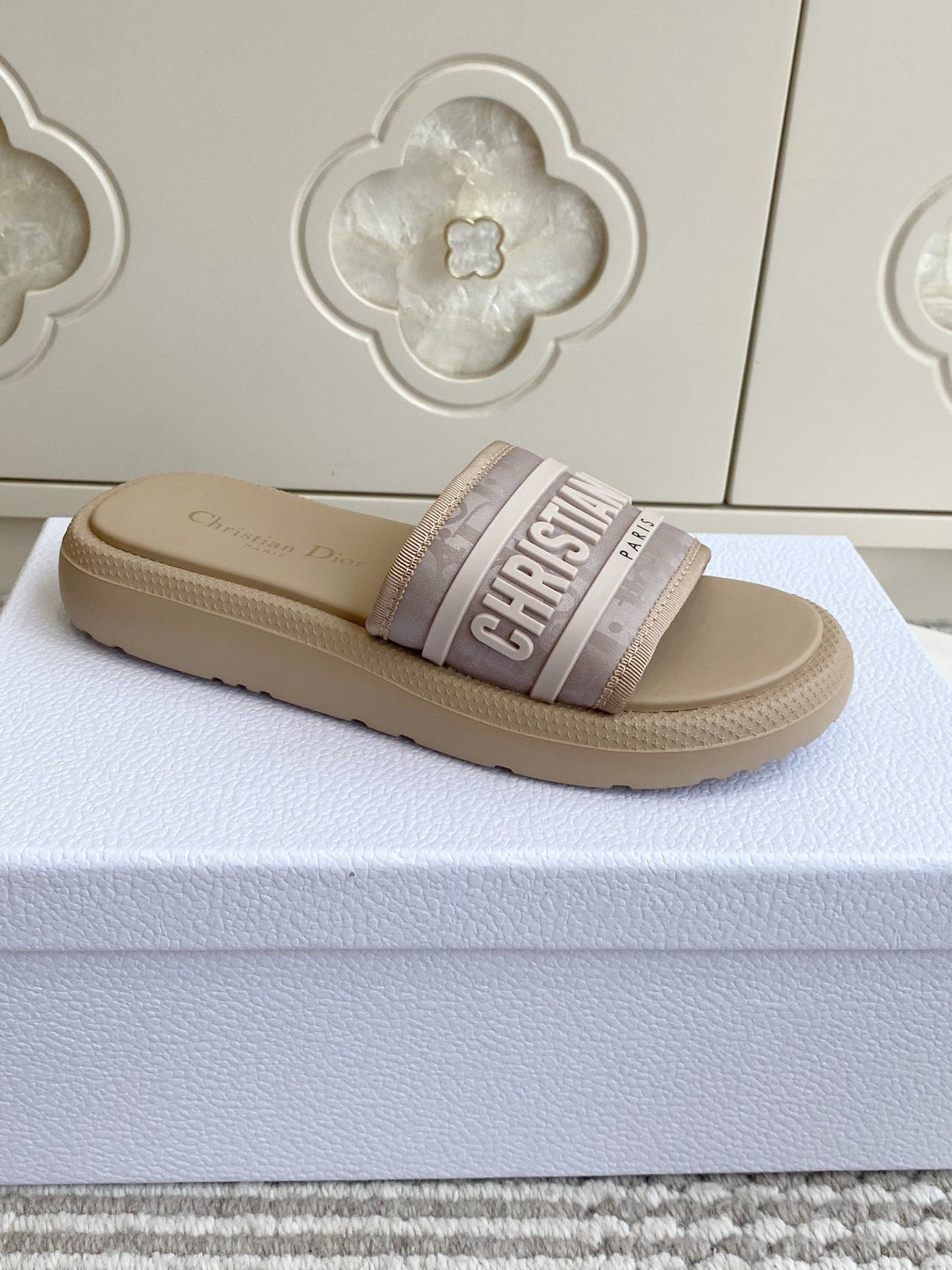 DIOR 26S DWAY SLIDES IN BEIGE RUBBER SOLE