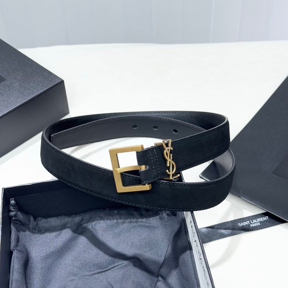 YSL 25S BELT 30 MM IN BLACK SUEDE WITH GOLD HARDWARE 586763 mysite