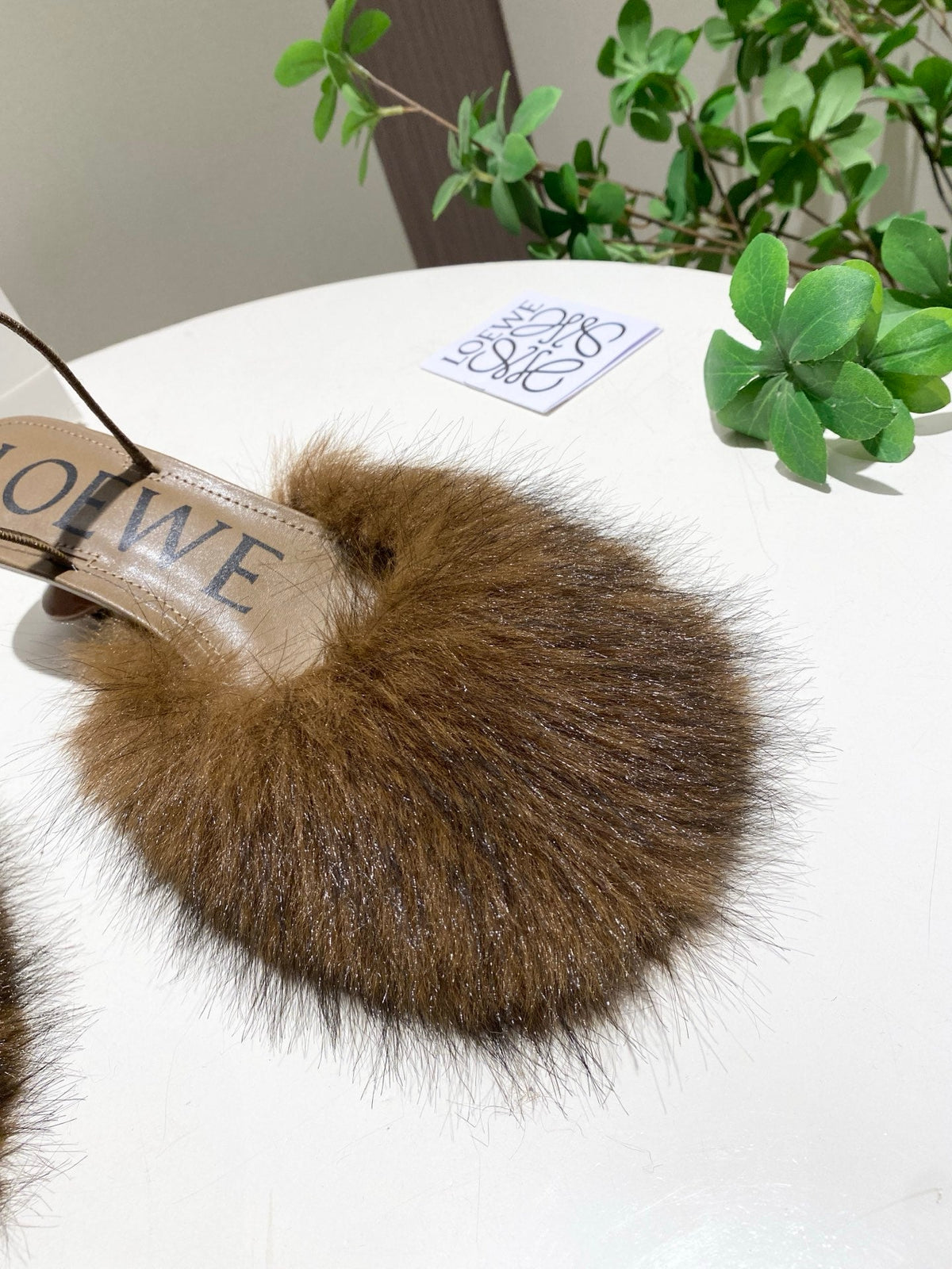 LOEWE 26S OPEN-BACK HIGH HEELS 60MM IN DARK BROWN CALFSKIN WITH FUR