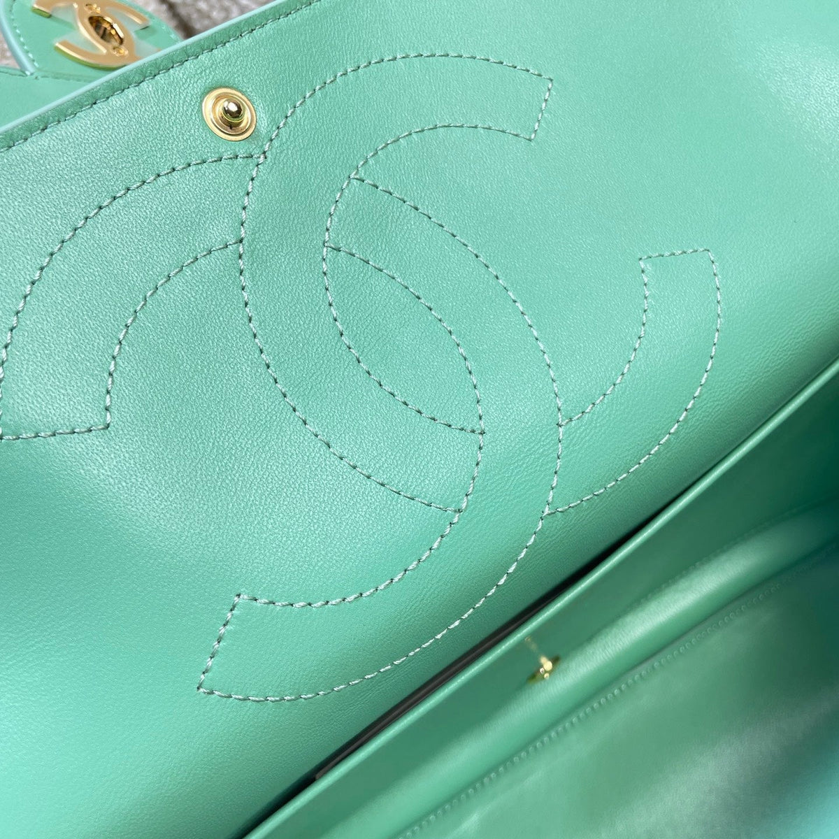 CHANEL 26S CLASSIC FLAP 33 IN MINT GREEN SUEDE