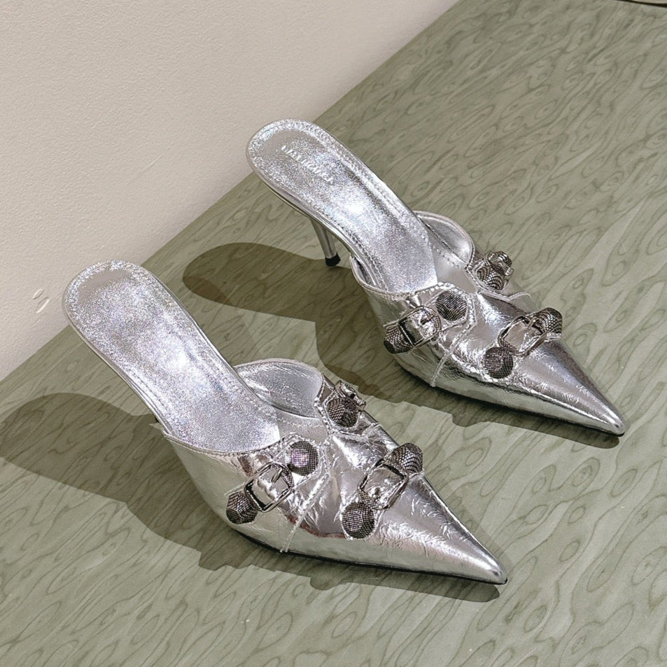 CAGOLE POINTED HIGH MULES IN SILVER SHINY CALFSKIN