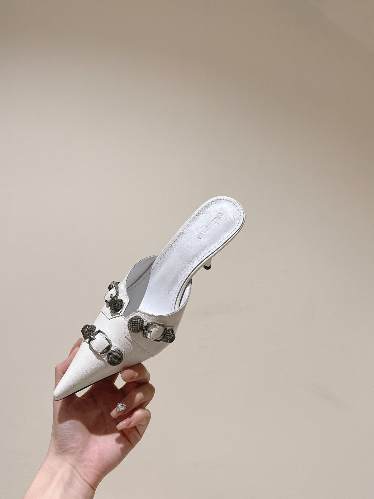 CAGOLE POINTED HIGH MULES IN WHITE SHINY CALFSKIN