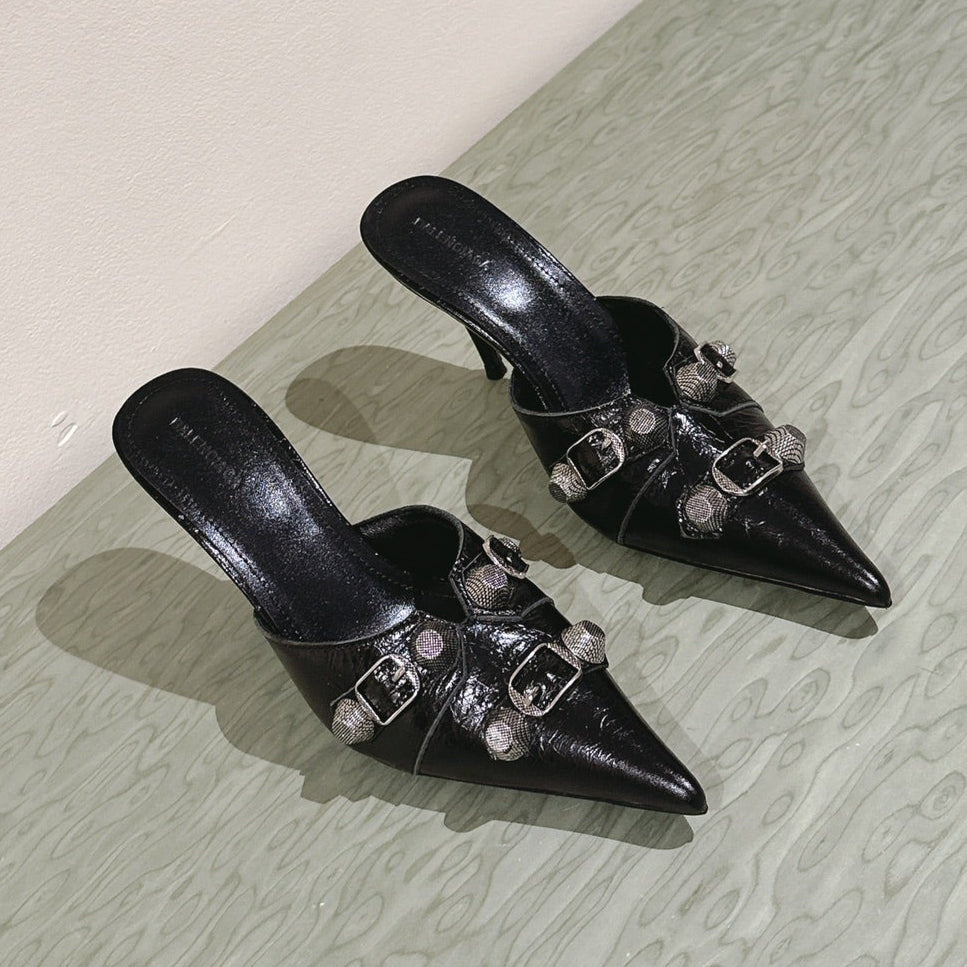 CAGOLE POINTED HIGH MULES IN BLACK SHINY CALFSKIN
