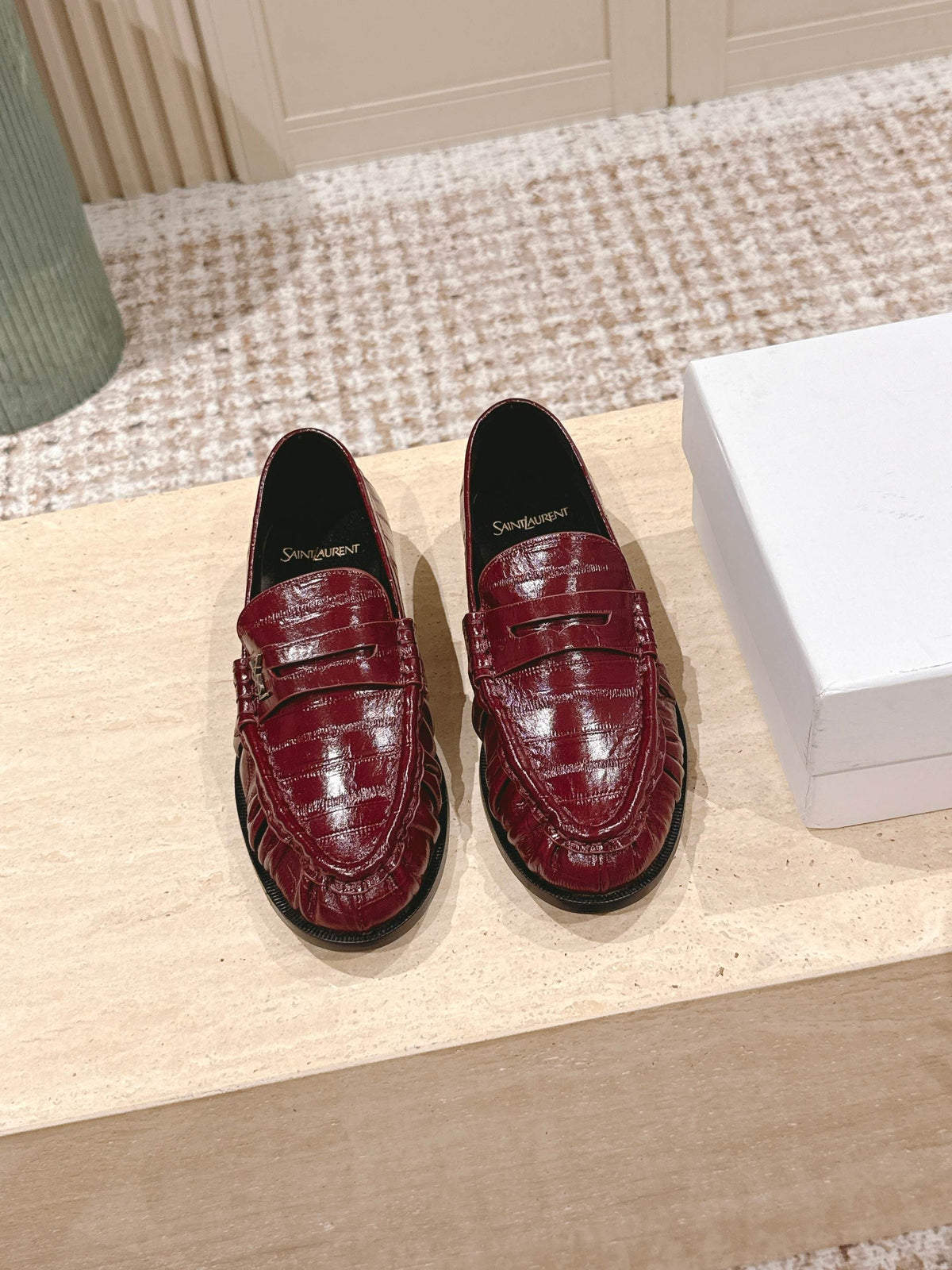 YSL 25S SAINT LAURENT LOAFERS IN DARK RED GLOSSY CALFSKIN WITH SMALL LOGO