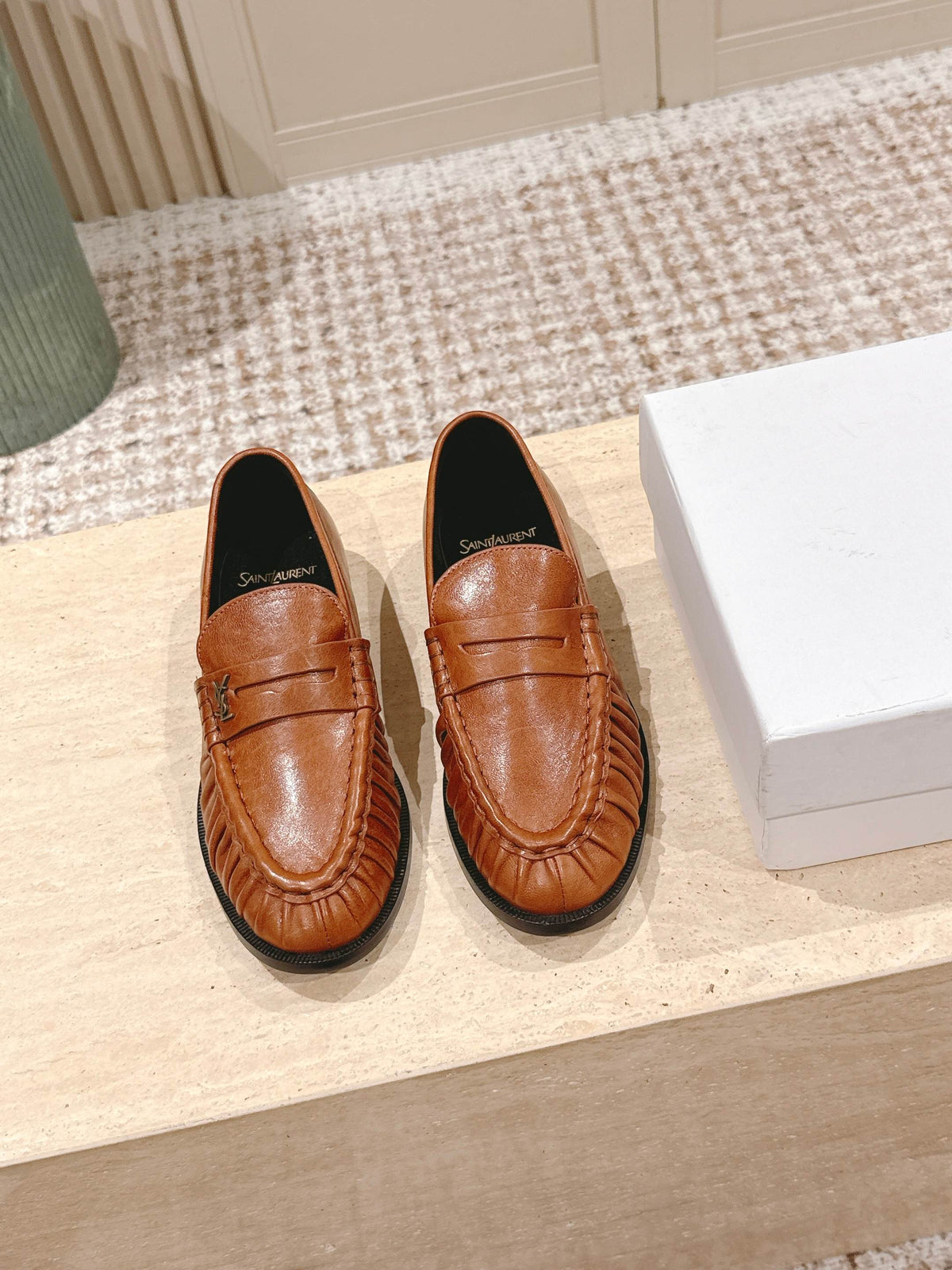 YSL 25S SAINT LAURENT LOAFERS IN BURNT ORANGE CALFSKIN WITH SMALL LOGO