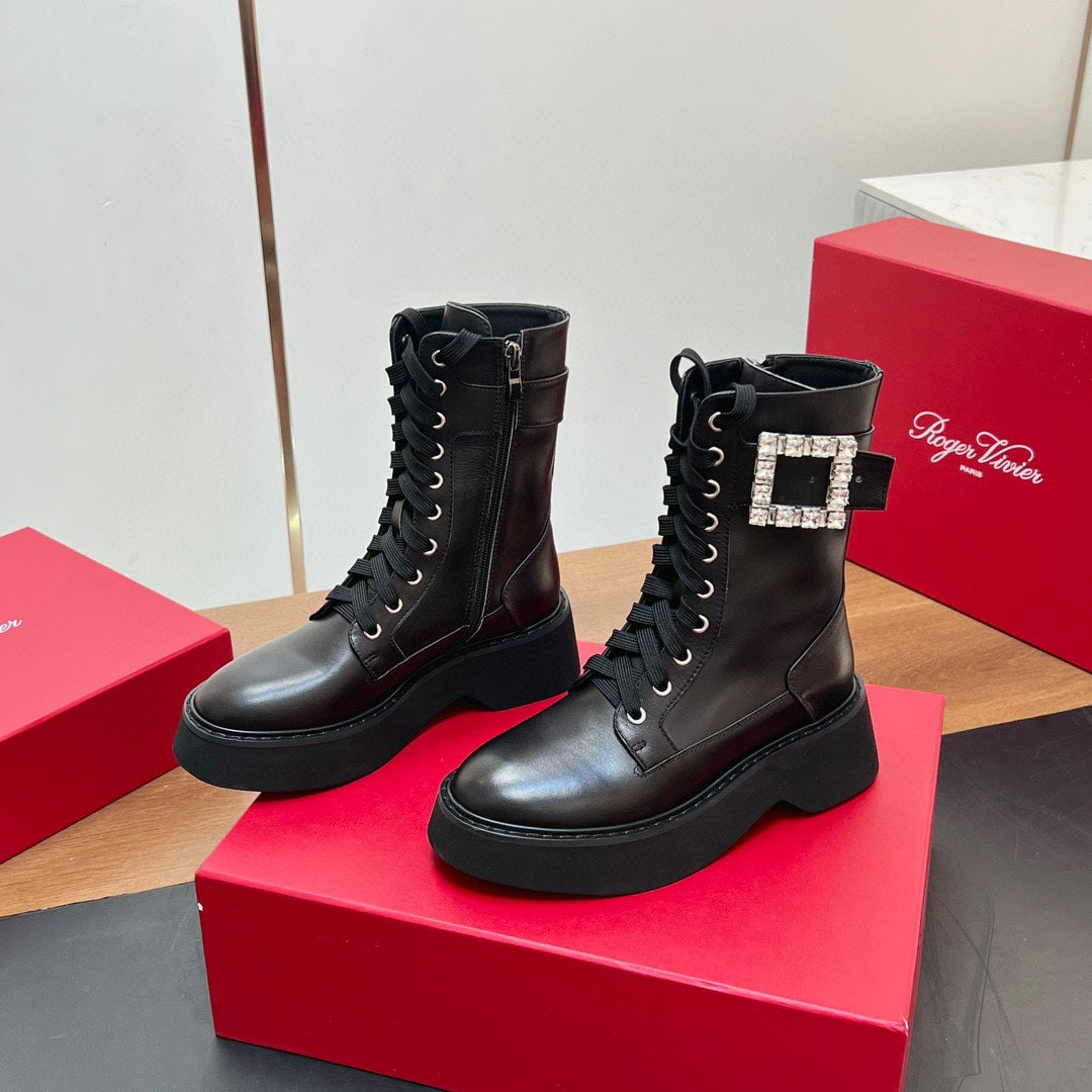 VIV' RANGERS STRASS BUCKLE BOOTS IN BLACK CALFSKIN EMBELLISHED BUCKLE