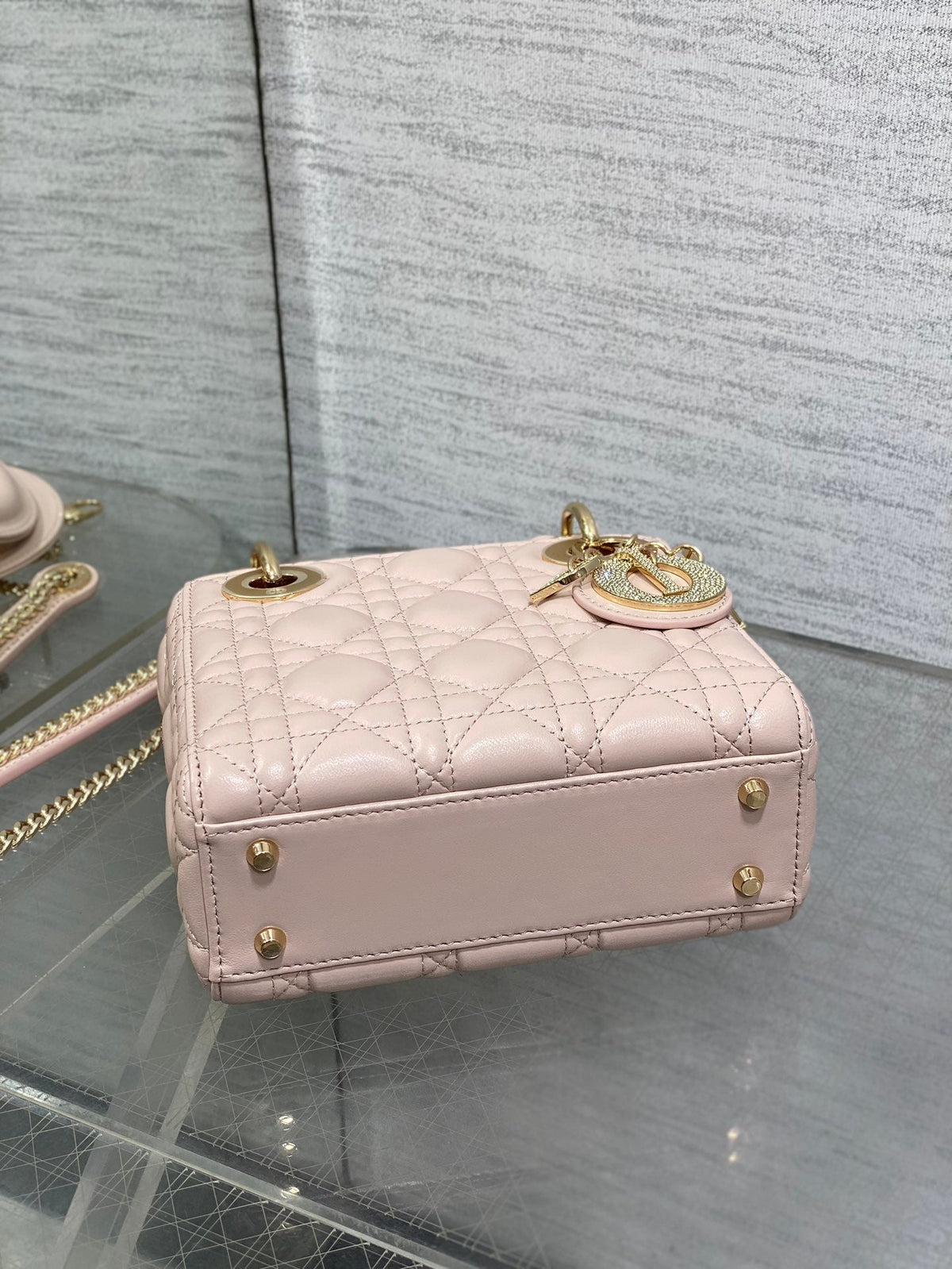 DIOR 25S MINI LADY DIOR BAG 17 IN PINK CALFSKIN CHARM CRYSTAL EMBELLISHMENTS