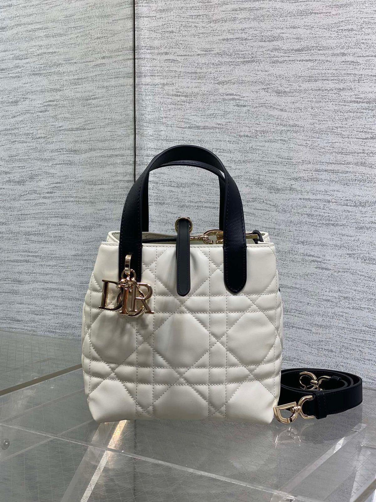 DIOR 25S TOUJOURS VERTICAL NANO TOTE BAG 18 IN IVORY BLACK MACROCANNAGE CALFSKIN