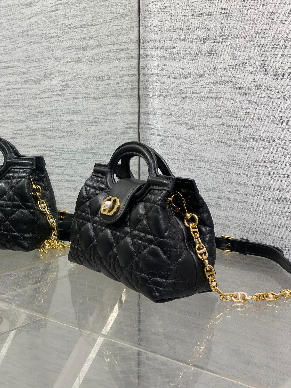 DIOR 25S JOLIE TOP HANDLE MINI BAG 18 IN BLACK CALFSKIN GOLD HARDWARE