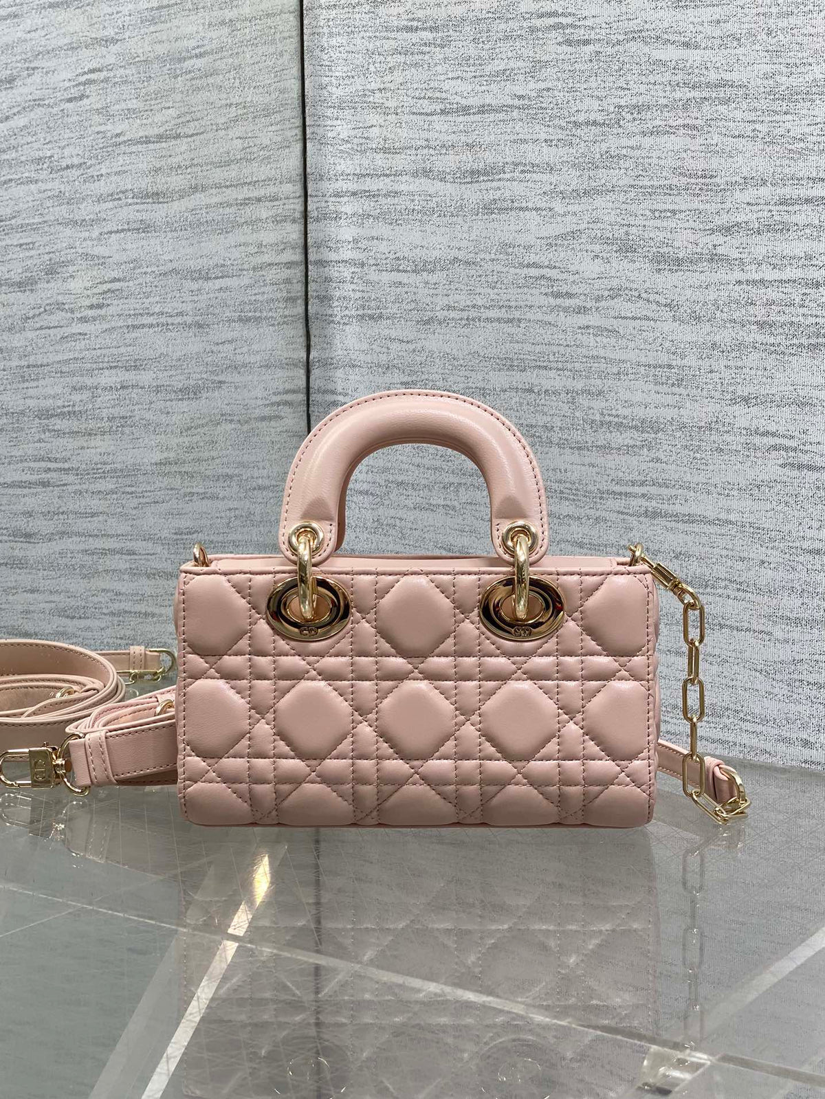 DIOR 25S MICRO LADY D-JOY 19 IN BABY PINK CALFSKIN GOLD HARDWRE