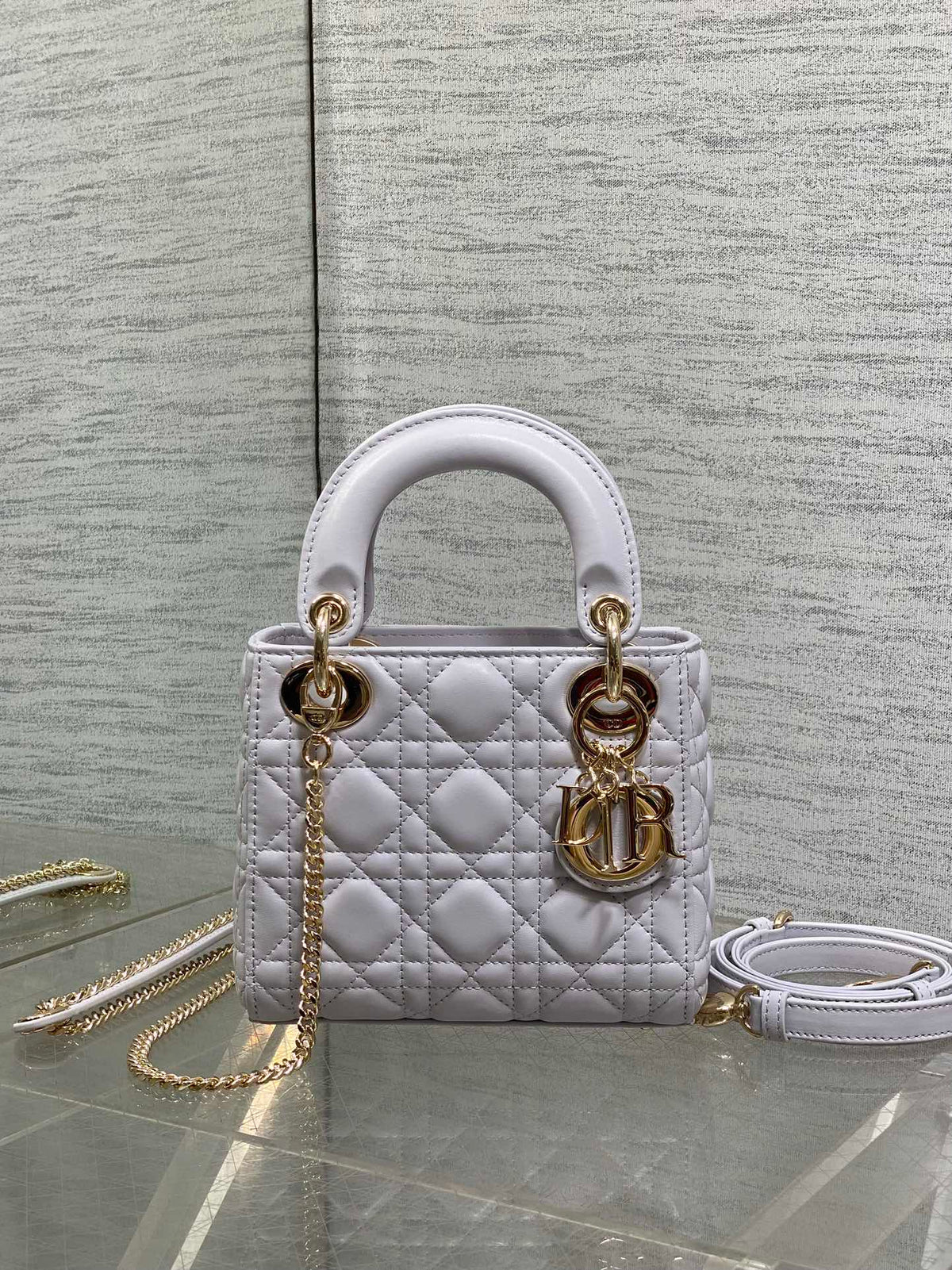 DIOR 25S MINI LADY DIOR BAG 17 IN LILAC CANNAGE CALFSKIN GOLD HARDWRE