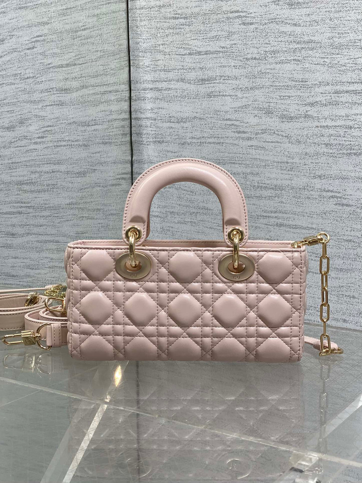DIOR 25S SMALL LADY D‑JOY BAG 22 IN BABY PINK CALFSKIN GOLD HARDWRE