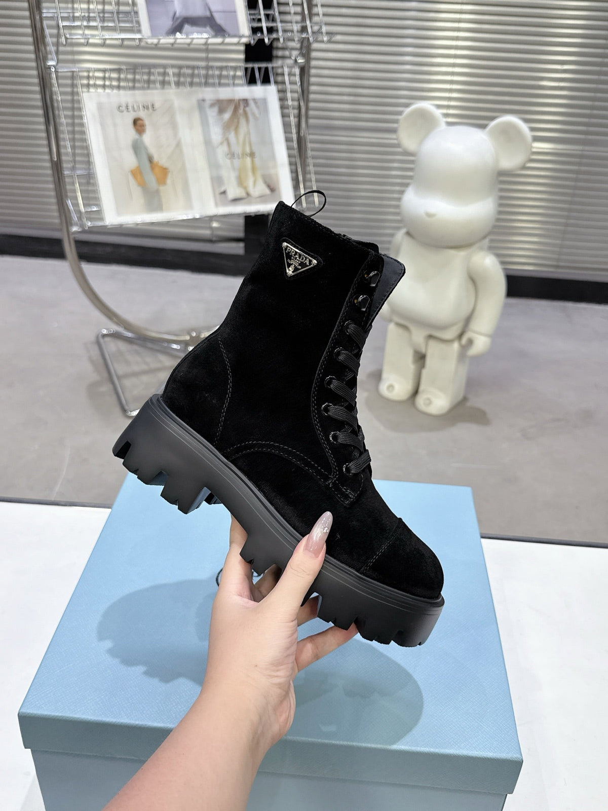 PRADA 25S WARRIOR BOOTS IN BLACK SUEDE