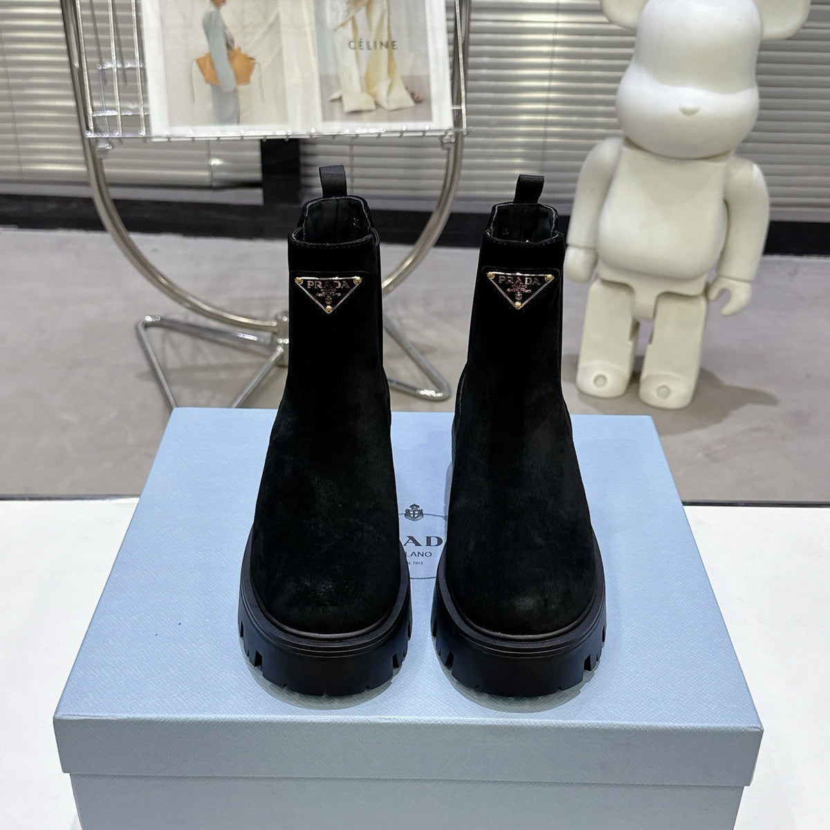 PRADA 25S RETRO PLATFORM MARTIN ANKLE BOOTS IN BLACK SUEDE