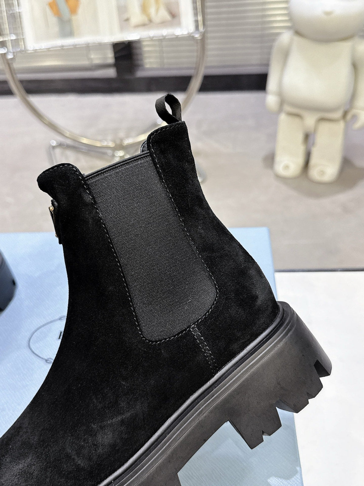 PRADA 25S RETRO PLATFORM MARTIN ANKLE BOOTS IN BLACK SUEDE