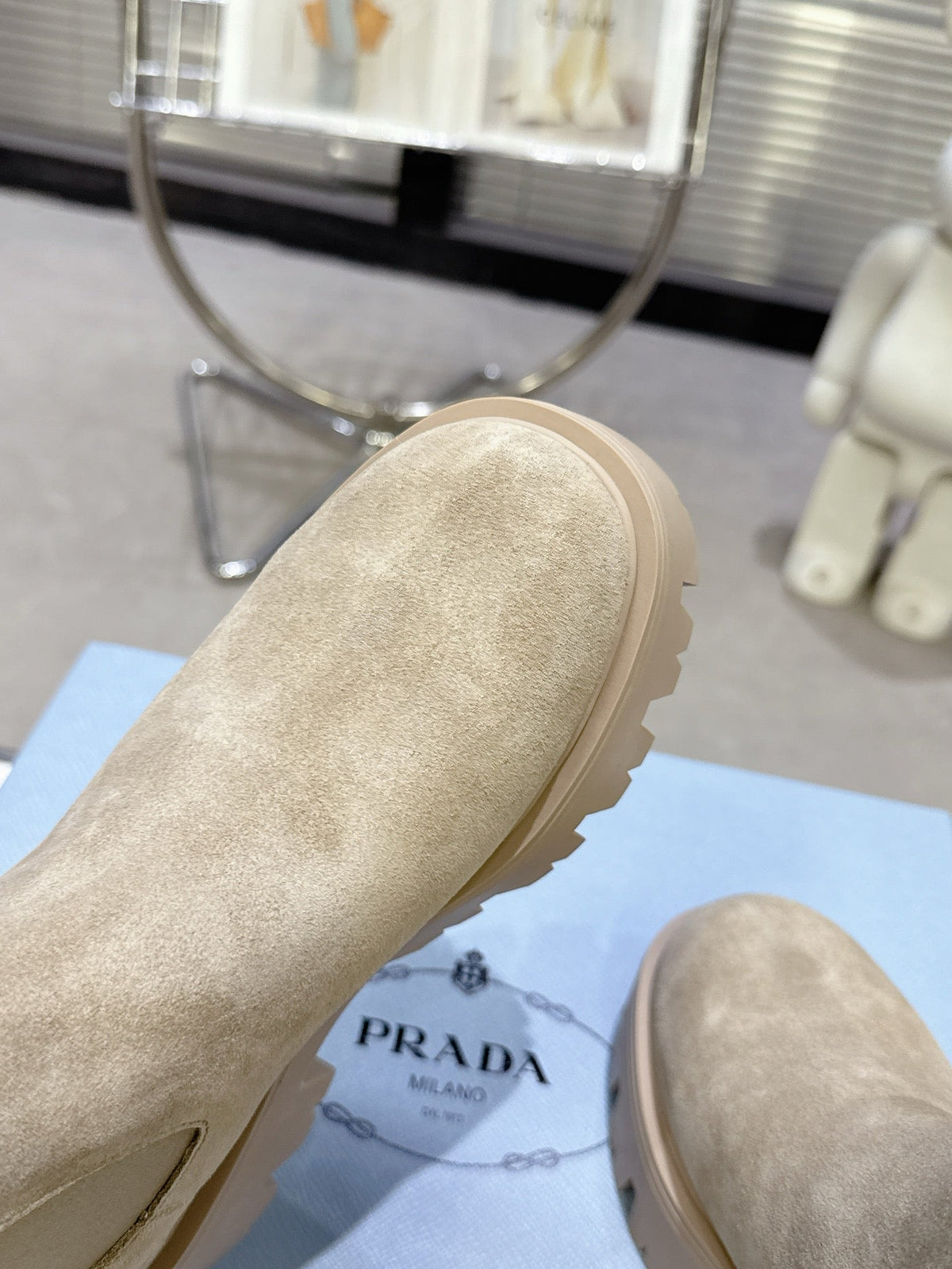 PRADA 25S RETRO PLATFORM MARTIN ANKLE BOOTS IN BEIGE SUEDE