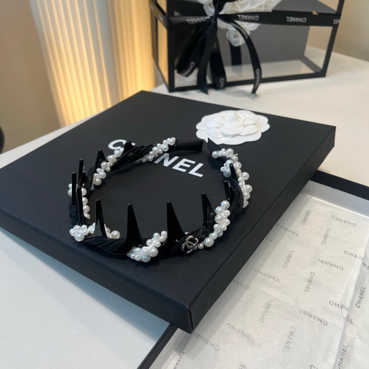 CHANEL 26S HEADBAND IN BLACK PEARL EMBELLISHED 503099