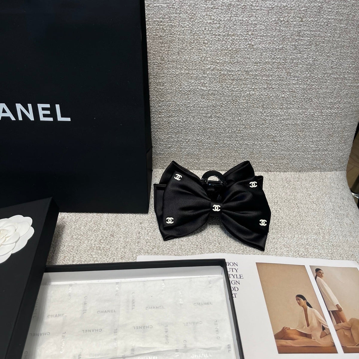 CHANEL 26S BOW HAIR CLIP IN BLACK RIBBON 512128
