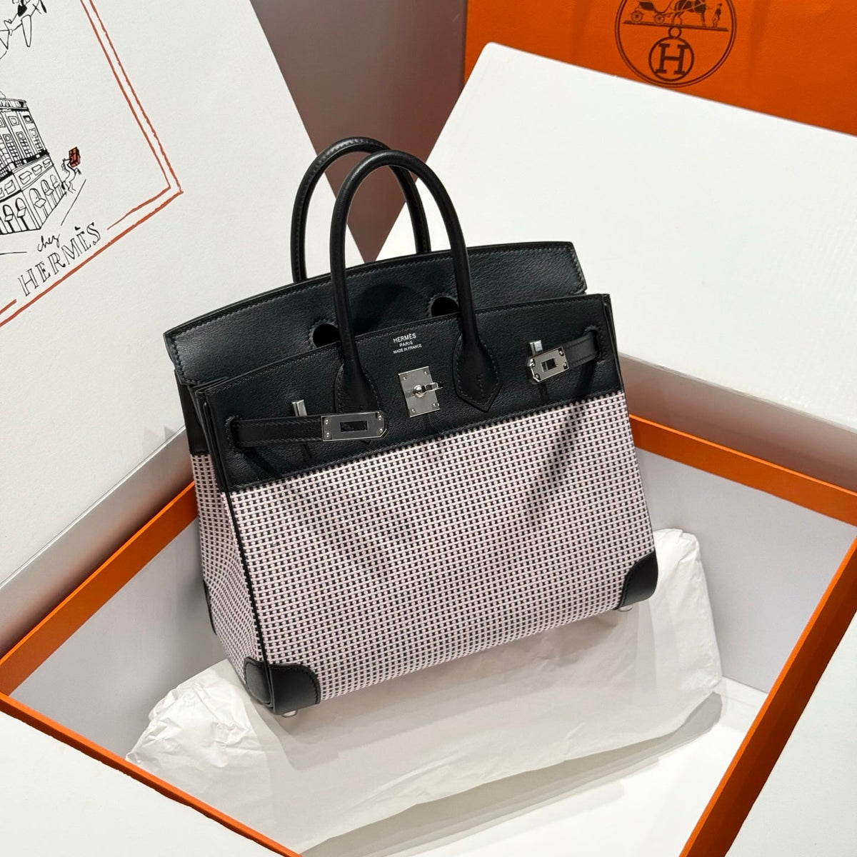 QUADRILLE BIRKIN 25CM IN BLACK SWIFT CALFSKIN WHITE BLUE PINK PLAID TOILE CANVAS