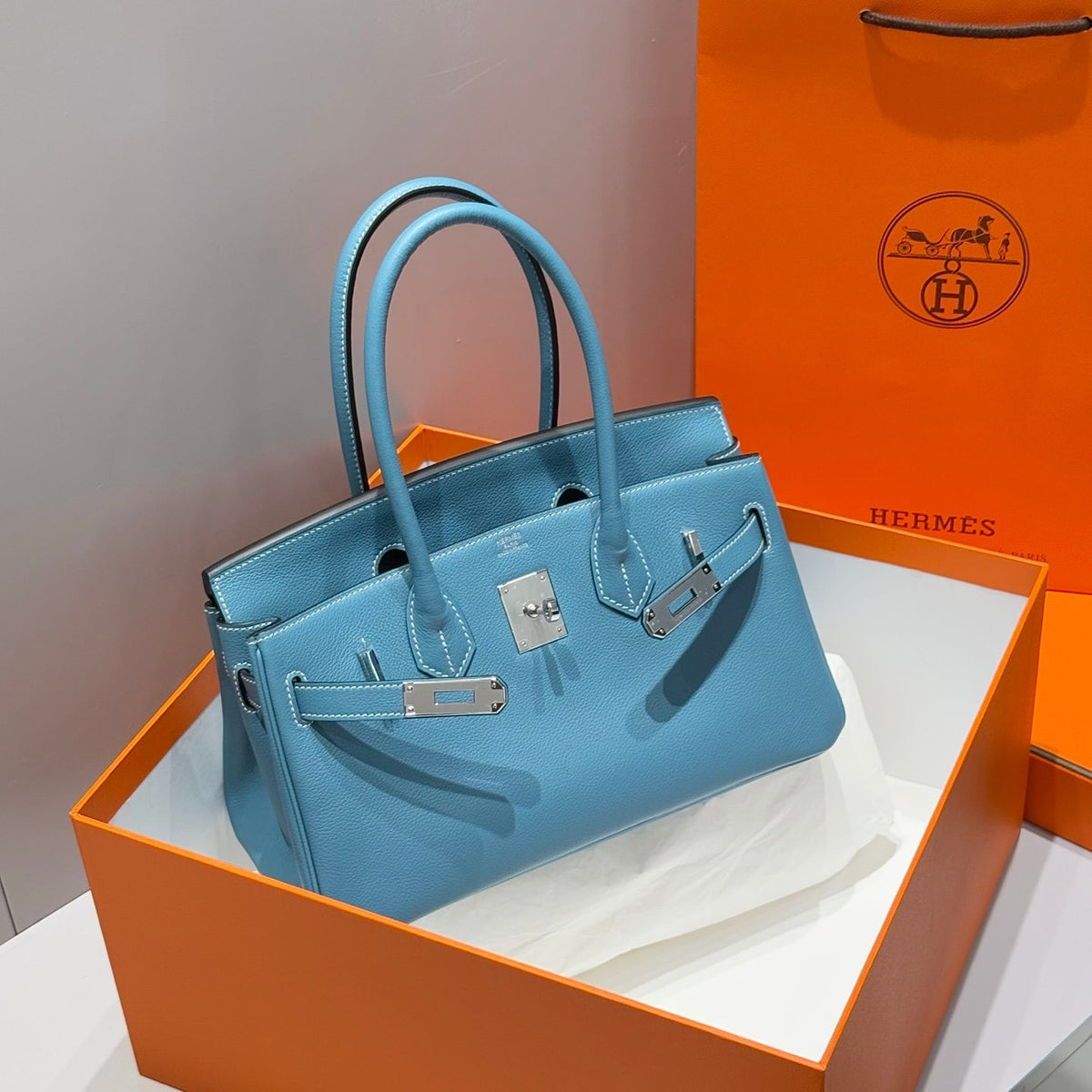 HERMES 25S SHOULDER BIRKIN 29 IN DENIM BLUE CALFSKIN SILVER HARDWARE