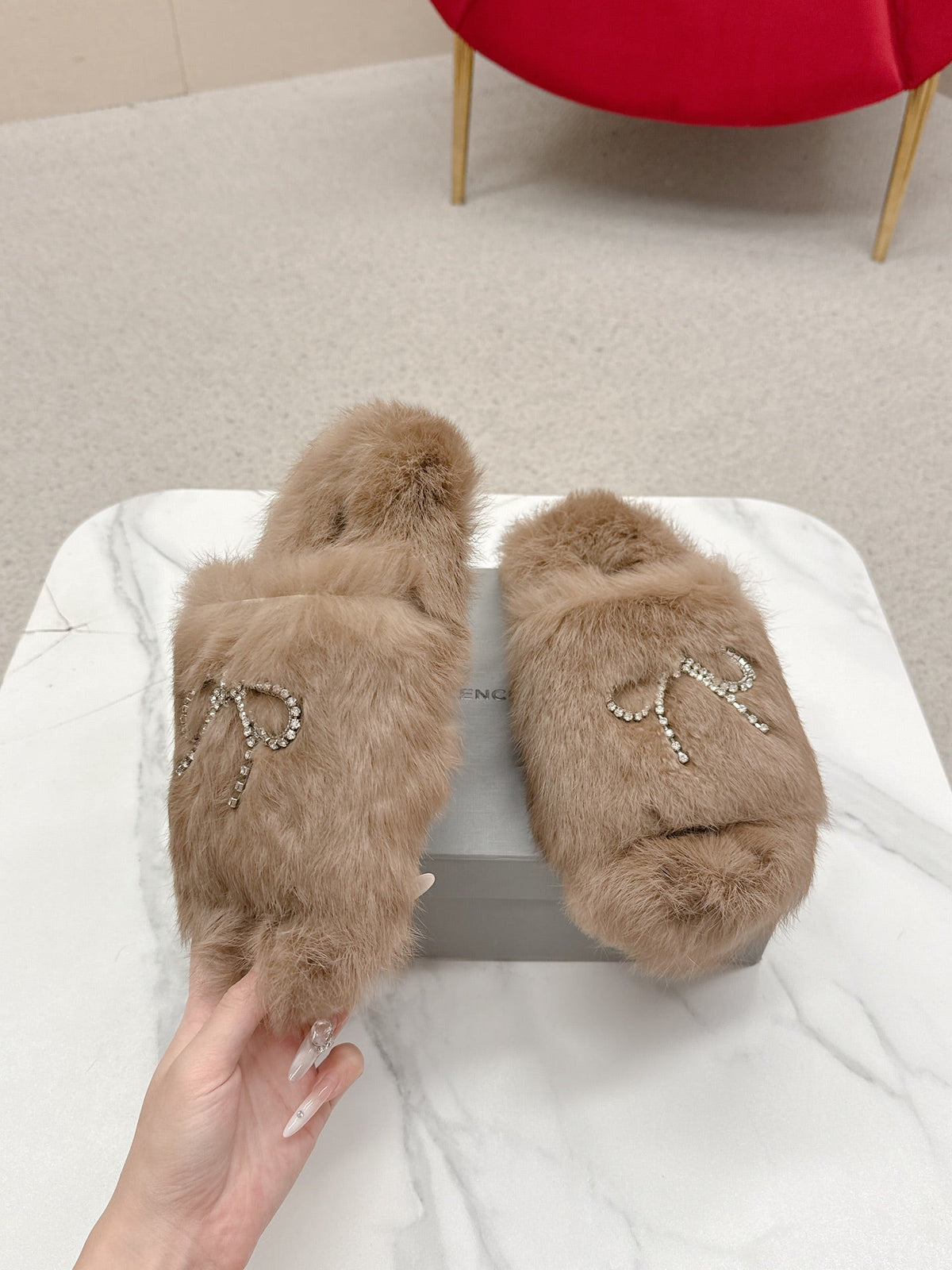 BALENCIAGA 25S SOFT FUR SLIPPERS IN LIGHT BROWN FUR WITH RHINESTONE BOW