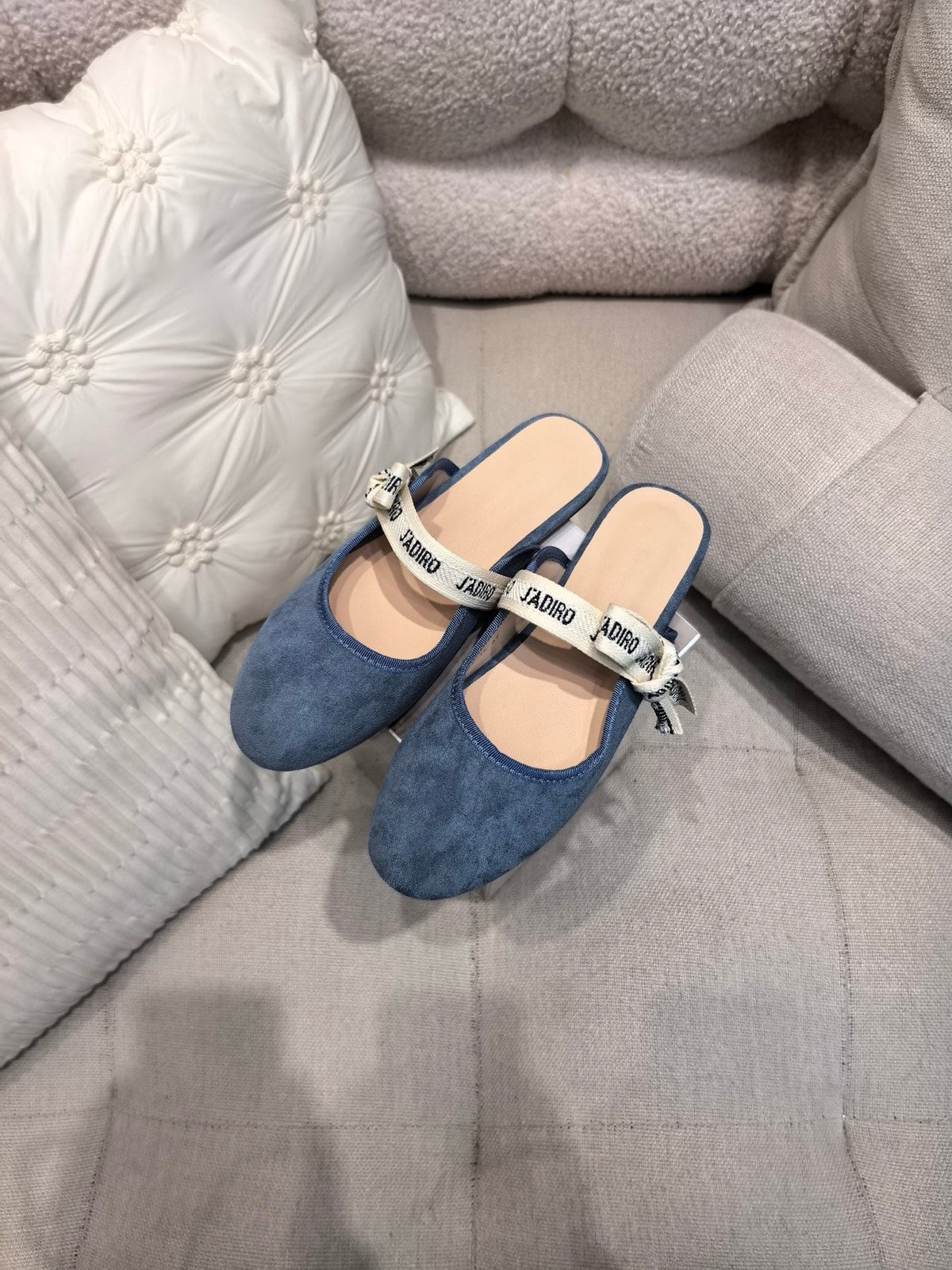 DIOR 26S FLAT MULES IN BLUE SUEDE WITH J'ADIOR BOW