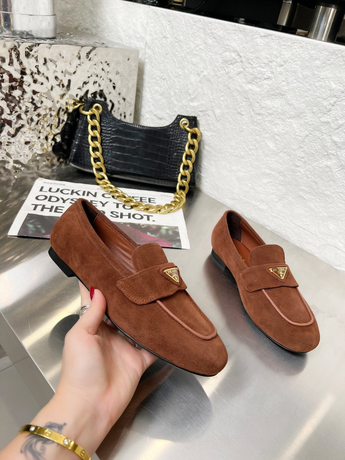 PRADA 26S CLASSIC LOAFERS IN CHOCOLATE BROWN LOGO SUEDE