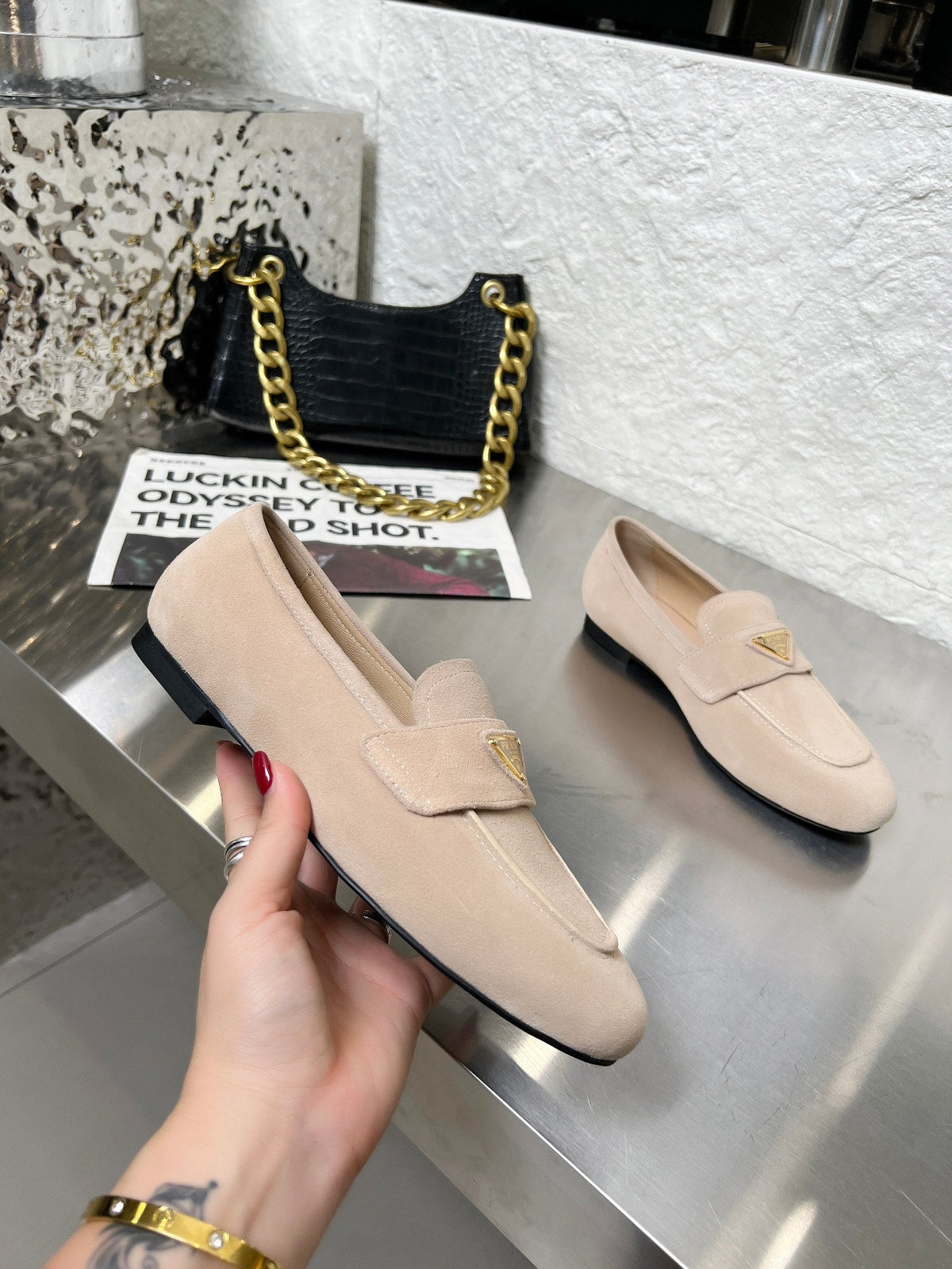 PRADA 26S CLASSIC LOAFERS IN NUDE BEIGE LOGO SUEDE