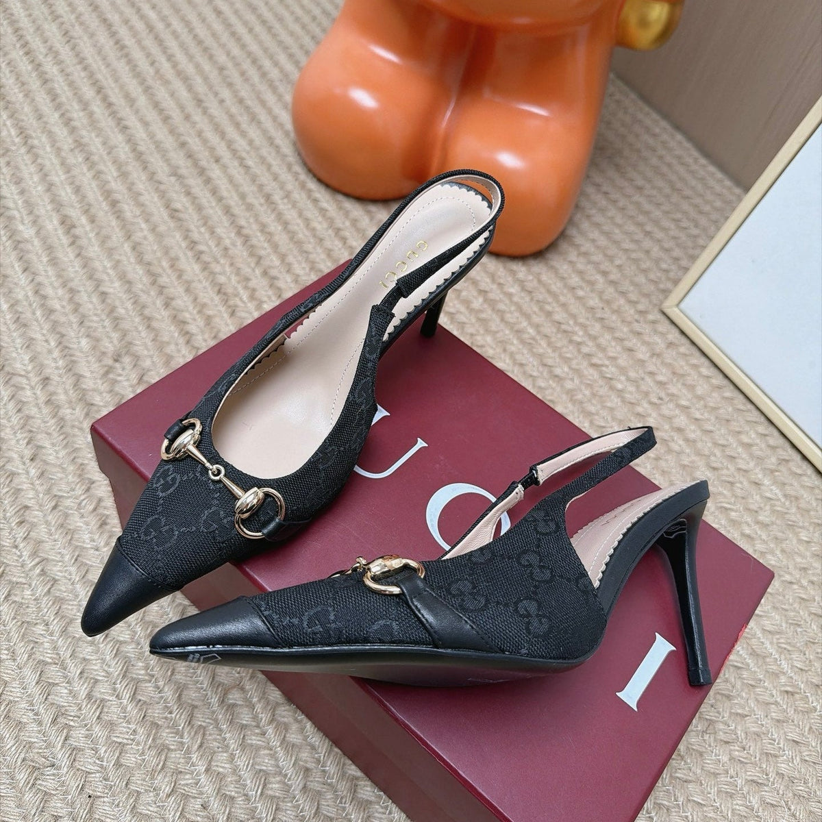 GUCCI 26S SLINGBACK HEELS 105 MM IN BLACK CANVAS MIX LAMBSKIN