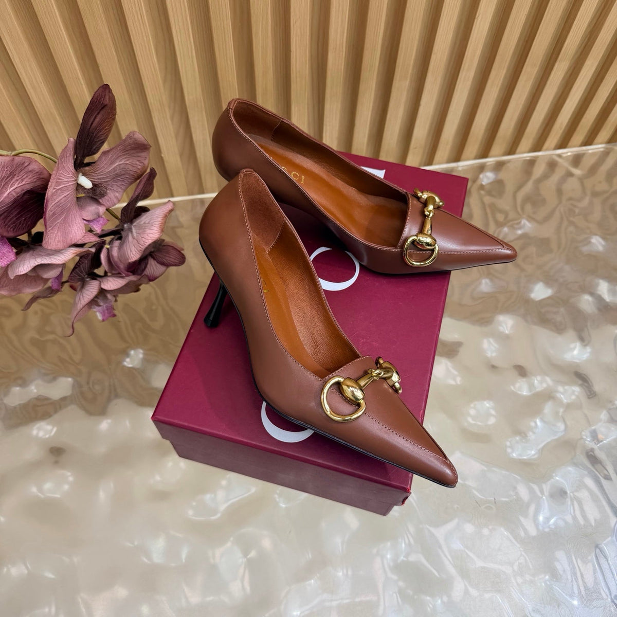 GUCCI 26S HIGH HEELS 65 MM IN COGNAC BROWN SMOOTH LEATHER
