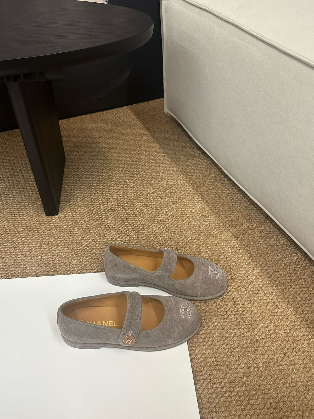 CHANEL 26S MARY JANE FLATS IN TAUPE BROWN SUEDE CC LOGO