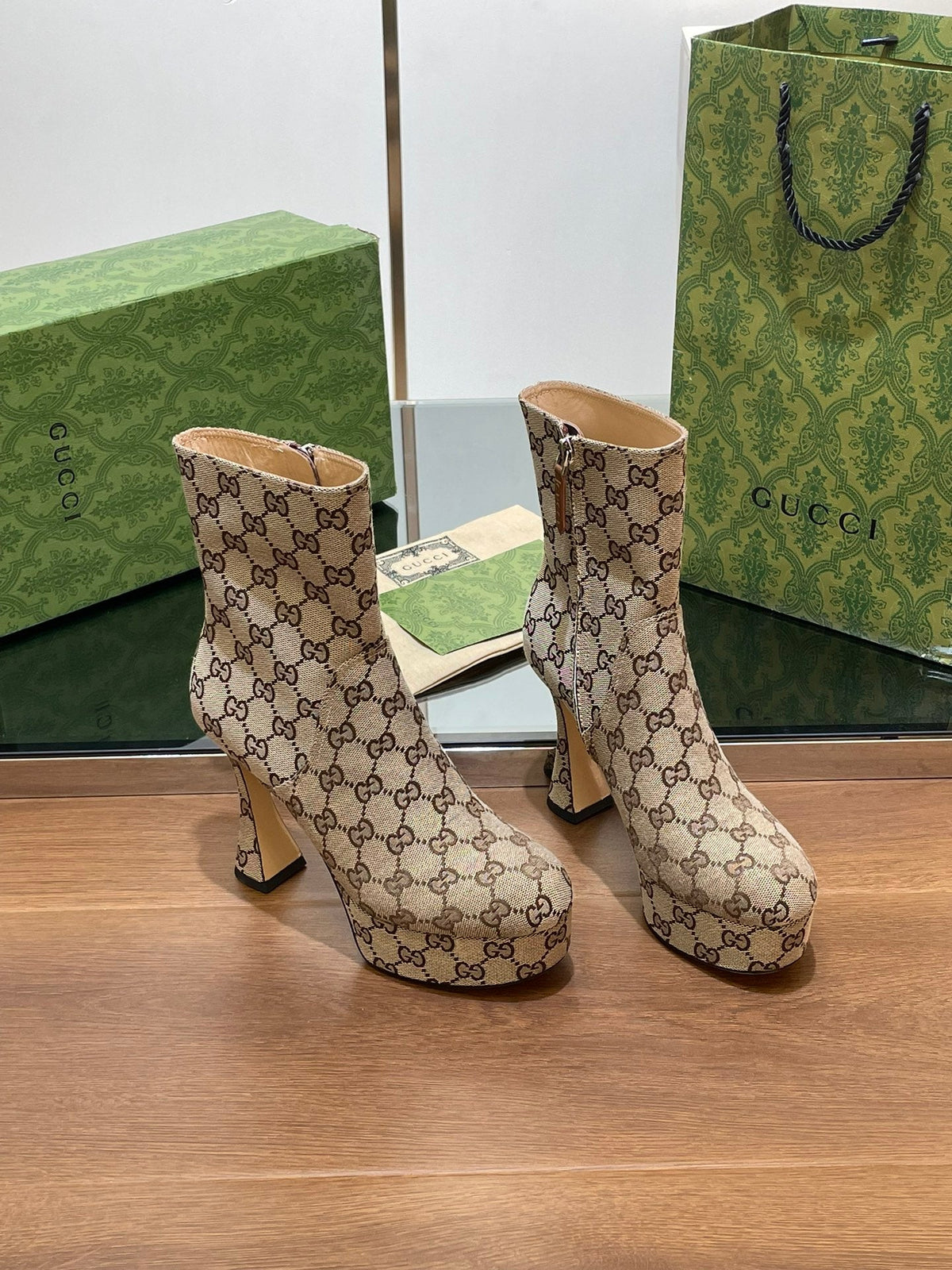 GG SHORT BOOTS 11.5 CM IN CAMEL BROWN MONOGRAM JACQUARD FABRIC