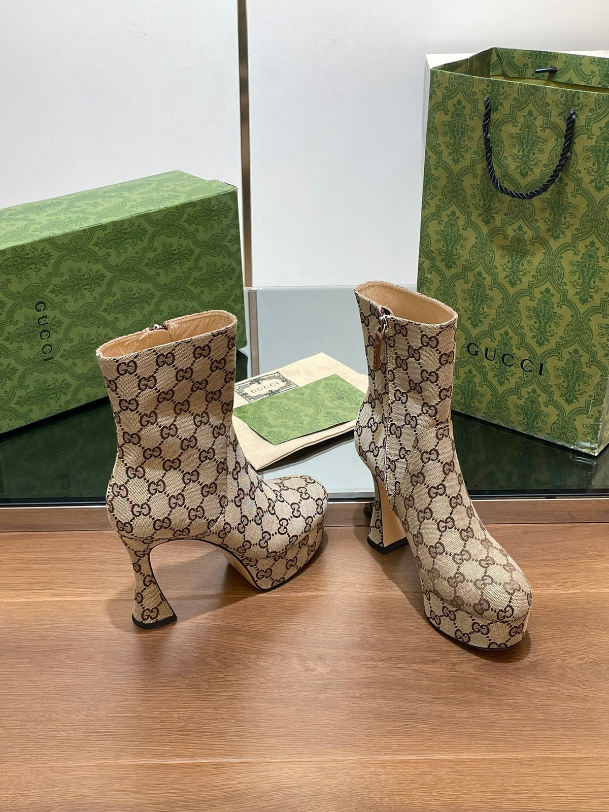 GG SHORT BOOTS 11.5 CM IN CAMEL BROWN MONOGRAM JACQUARD FABRIC