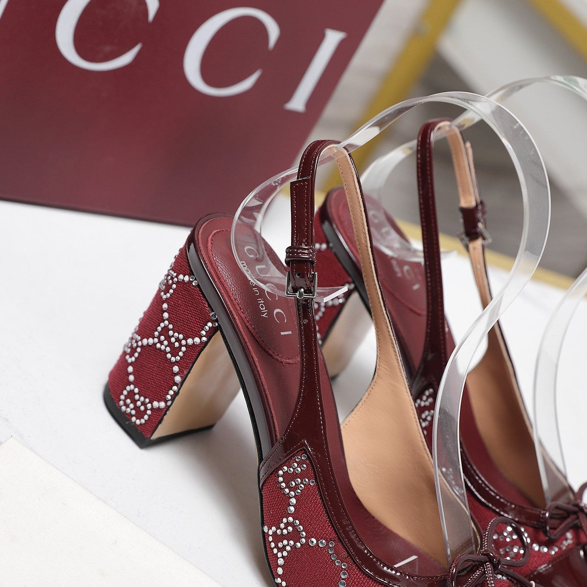GUCCI 26S HEEL SLINGBACK PUMP 80 MM IN DARK RED CALFSKIN AND CANVAS