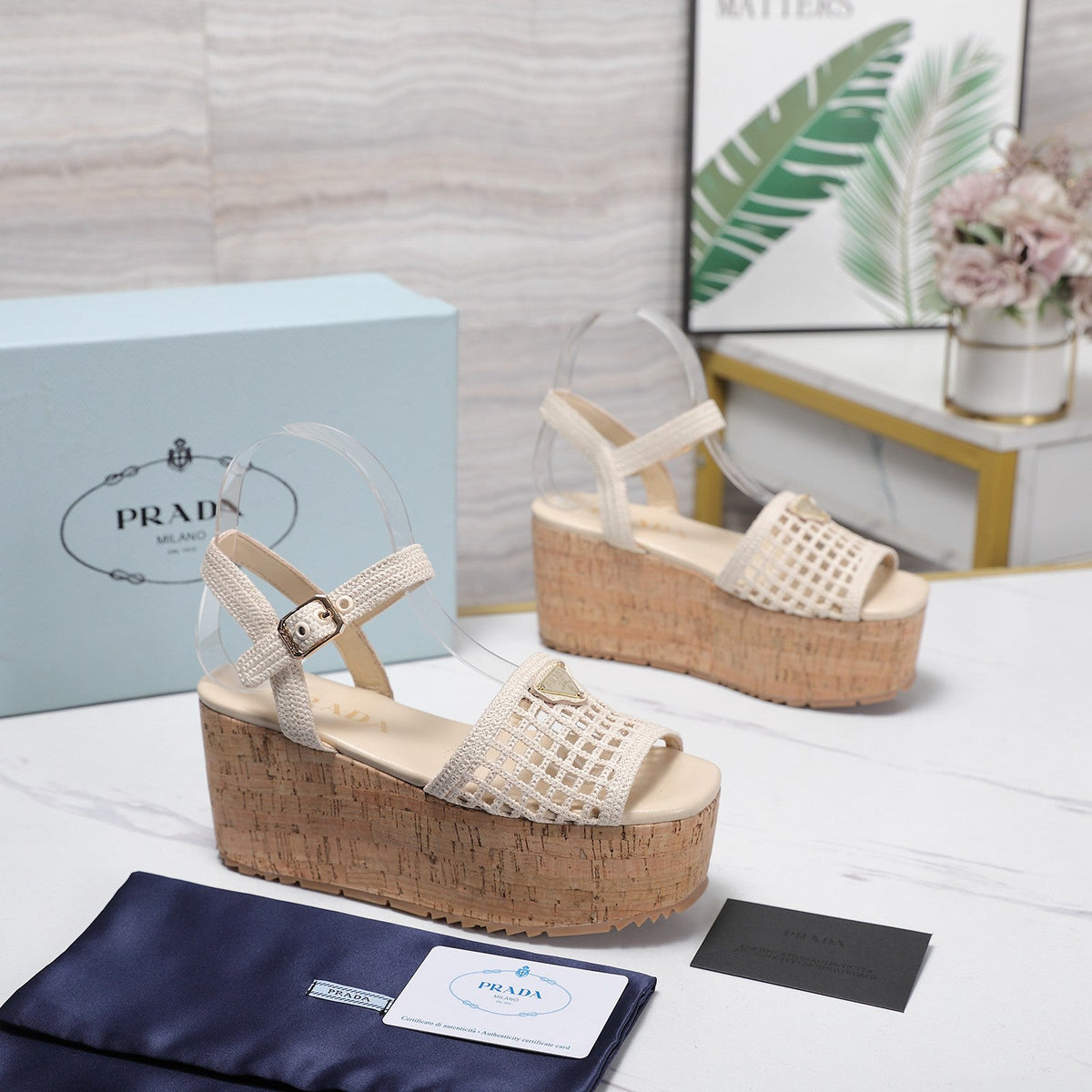 PRADA 26S WEDGE SANDALS IN CREAM WHITE CROCHET AND LEATHER