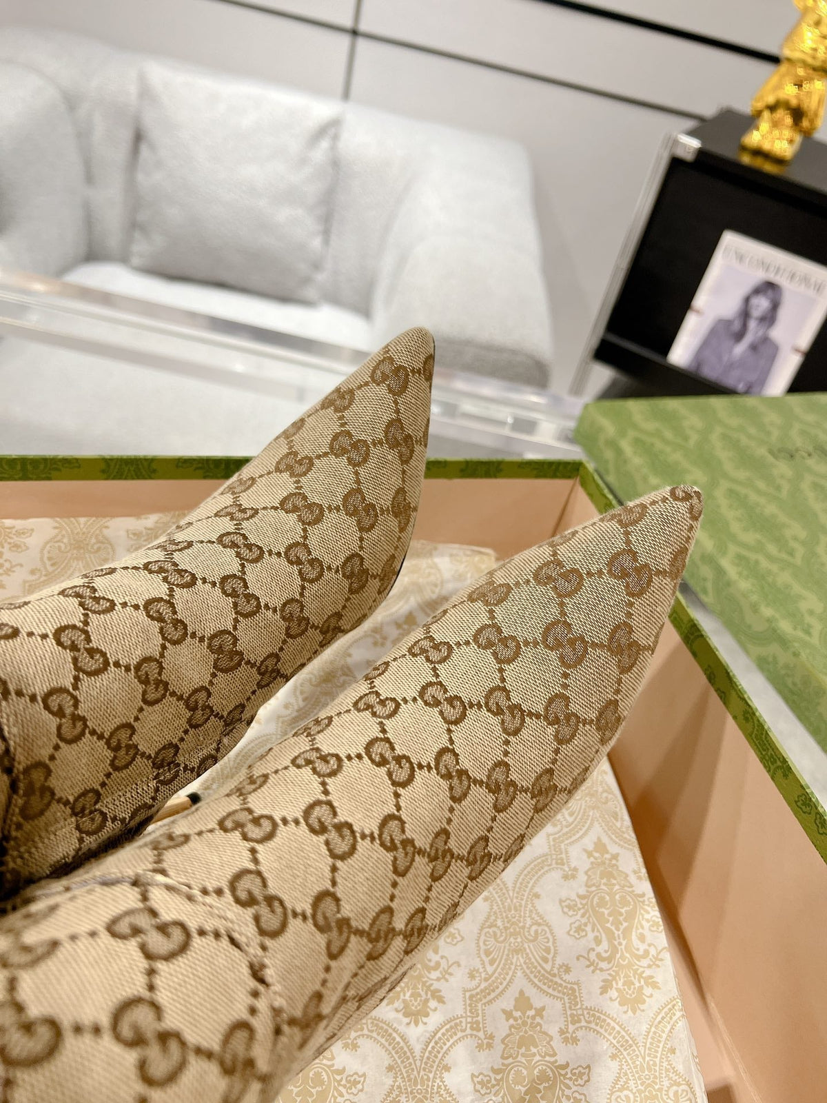 GG KNEE BOOTS IN BEIGE MONOGRAM JACQUARD FABRIC AND CALFSKIN LINING