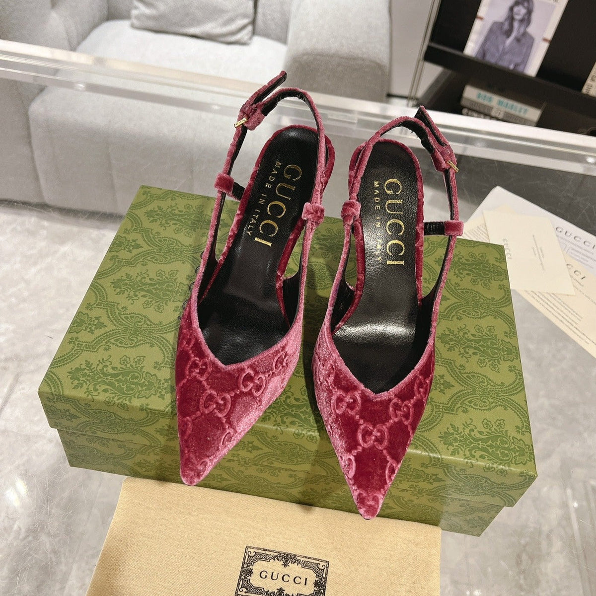 GG SLINGBACK HIGH HEEL PUMP MAGENTA VELVET