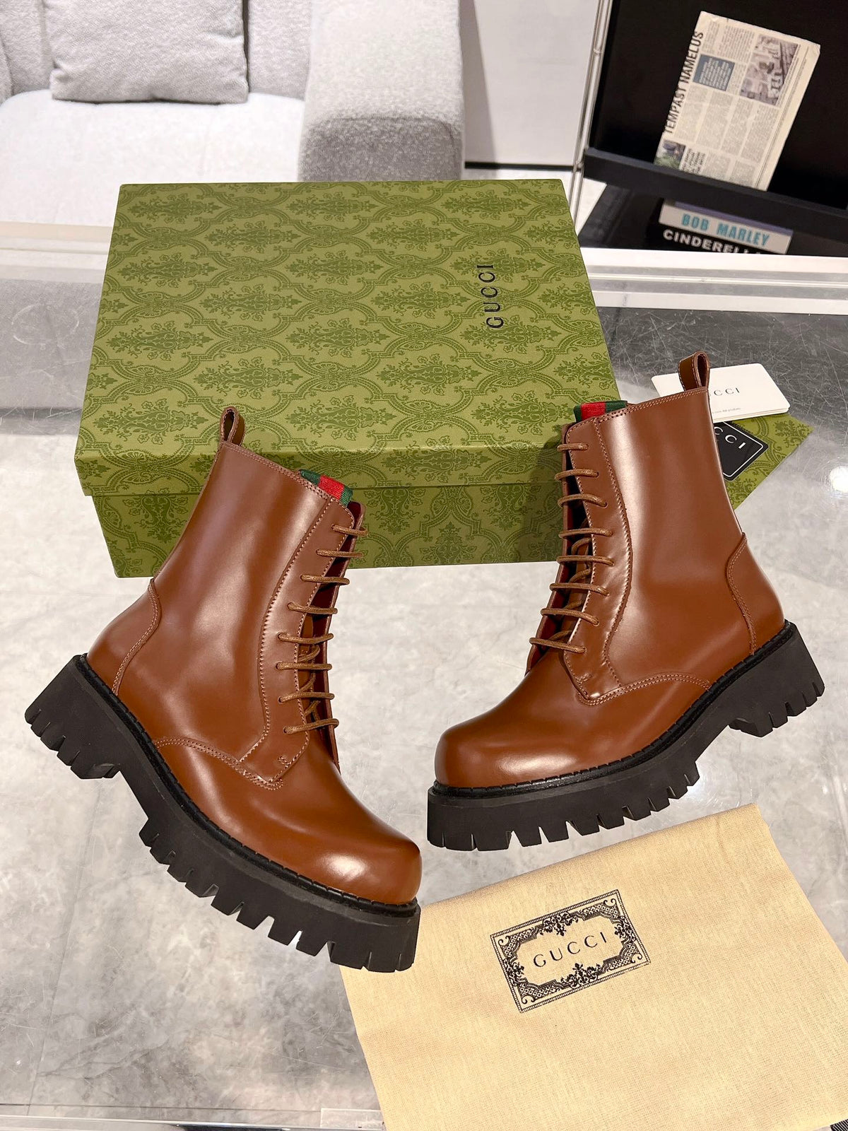 GG WEB ANKLE BOOTS IN CINNAMON BROWN CALFSKIN