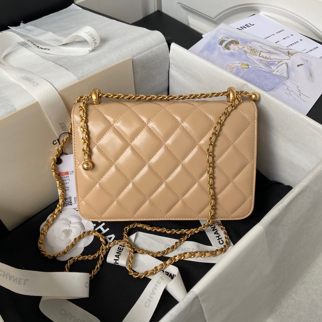 CHANEL 25S MINI FLAP BAG 22 IN TAN BROWN CALFSKIN GOLD HARDWARE