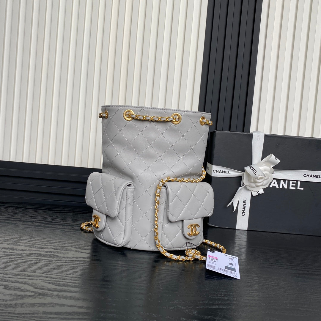 CRUISE DRAWSTRING BACKPACK 24 IN GREY LAMBSKIN GOLD-TONE METALLIC