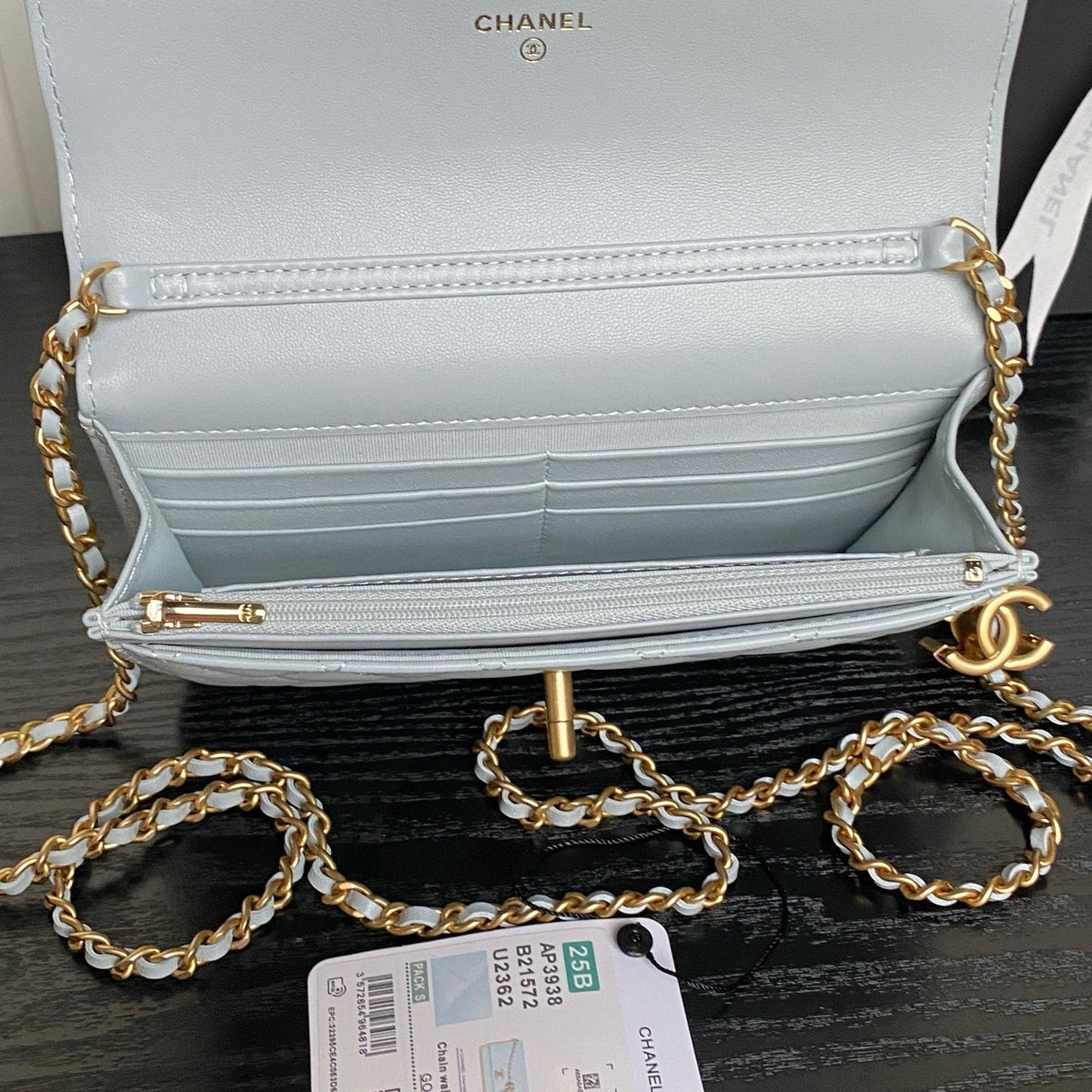 CHANEL 25S CHAIN WALLET 19 IN LIGHT BLUE LAMBSKIN GOLD HARDWARE