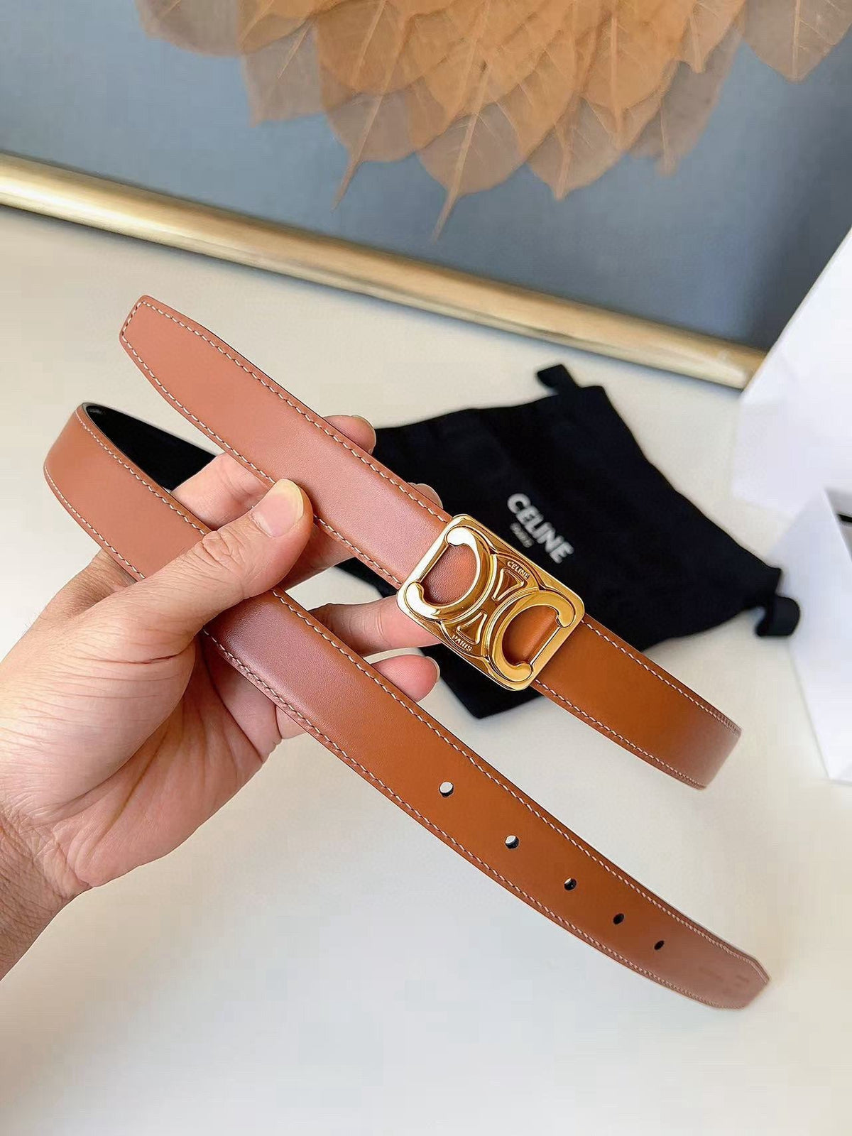 CELINE 26S BELT 25 MM IN BLACK AND BROWN CALFSKIN 636401