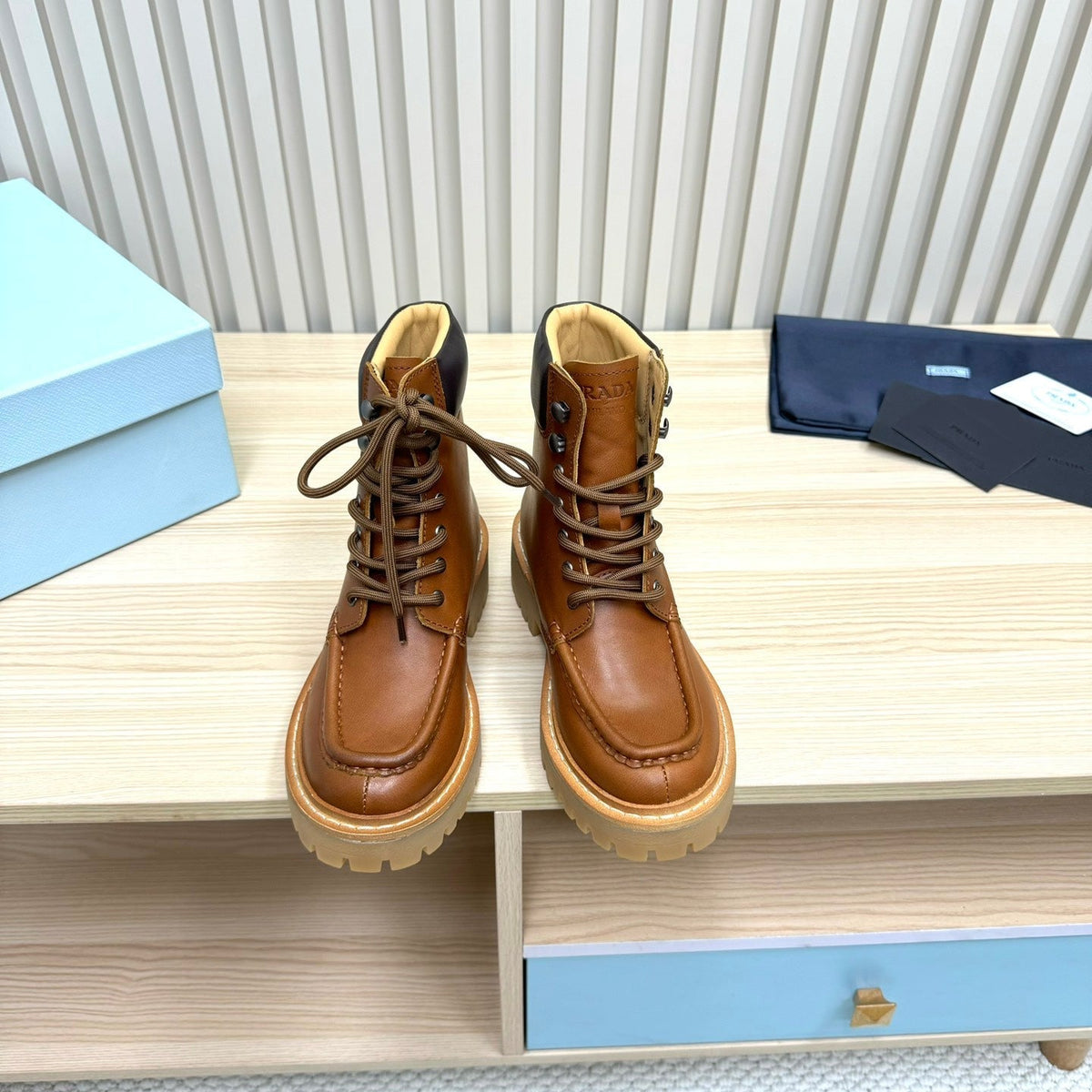 PRADA 25S LACE-UP ANKLE BOOTS IN BROWN CALFSKIN