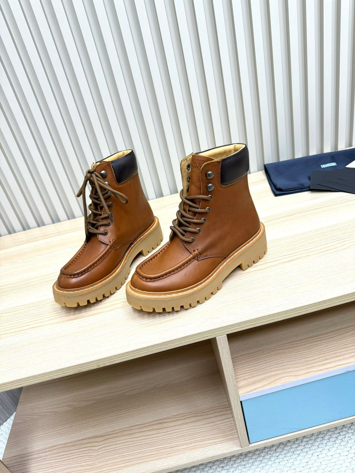 PRADA 25S LACE-UP ANKLE BOOTS IN BROWN CALFSKIN