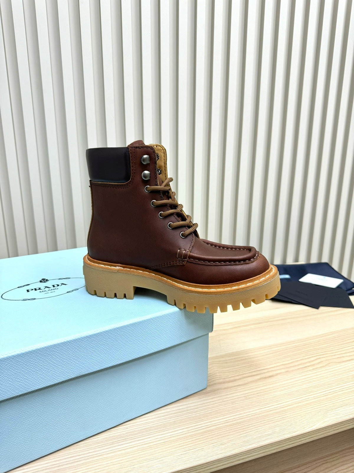 PRADA 25S LACE-UP ANKLE BOOTS IN DARK BROWN CALFSKIN