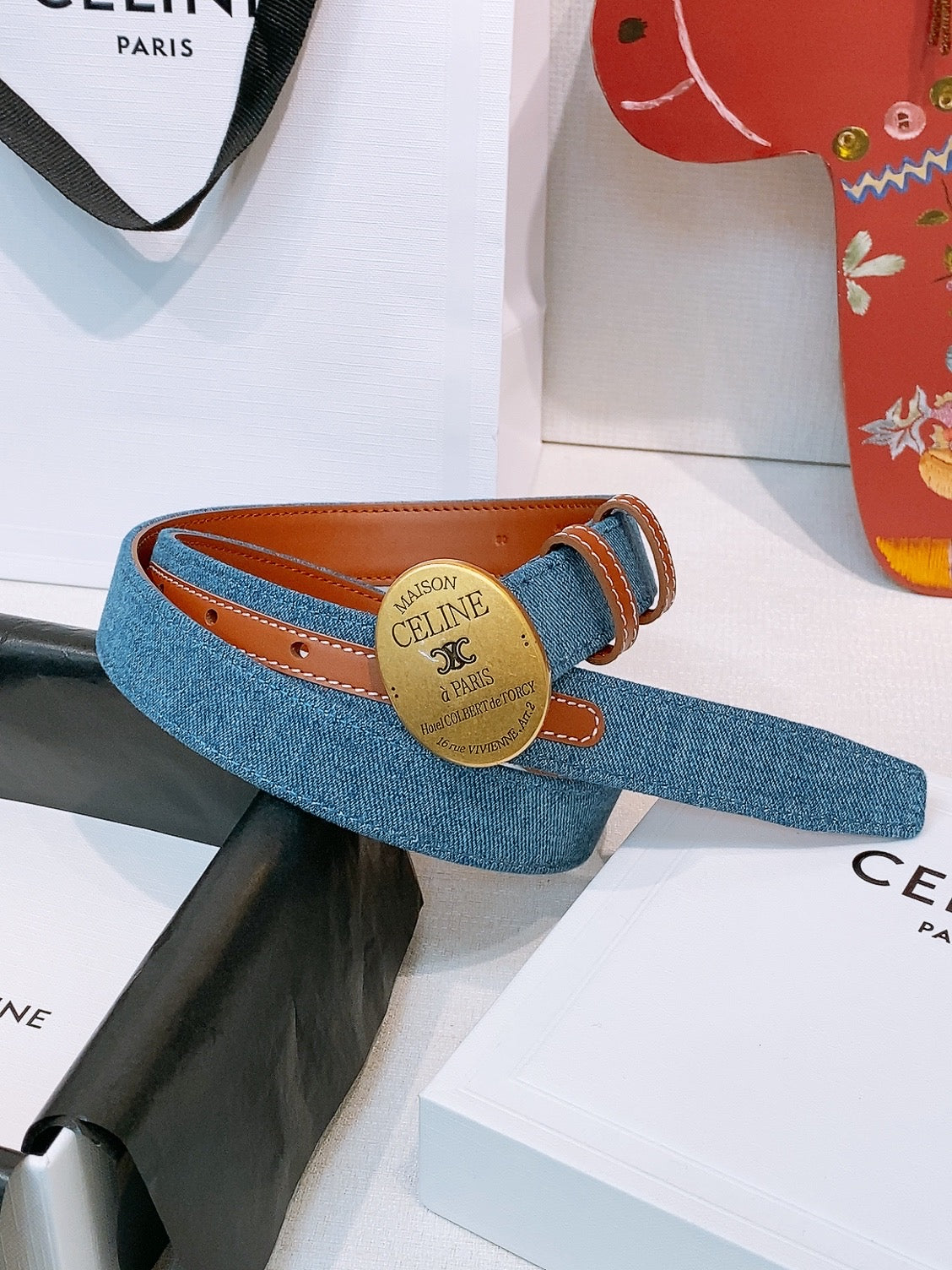 CELINE 26S BELT 25 MM IN BLUE DENIM AND BROWN CALFSKIN 631595 mysite