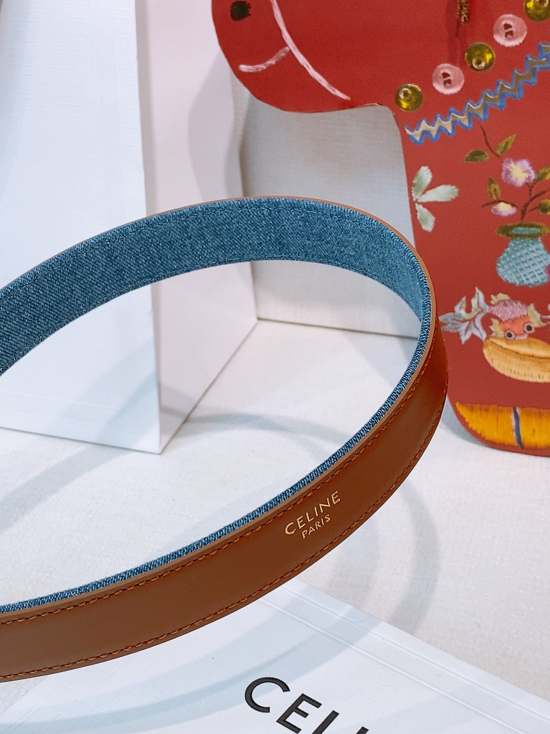 CELINE 26S BELT 25 MM IN BLUE DENIM AND BROWN CALFSKIN 631595 mysite